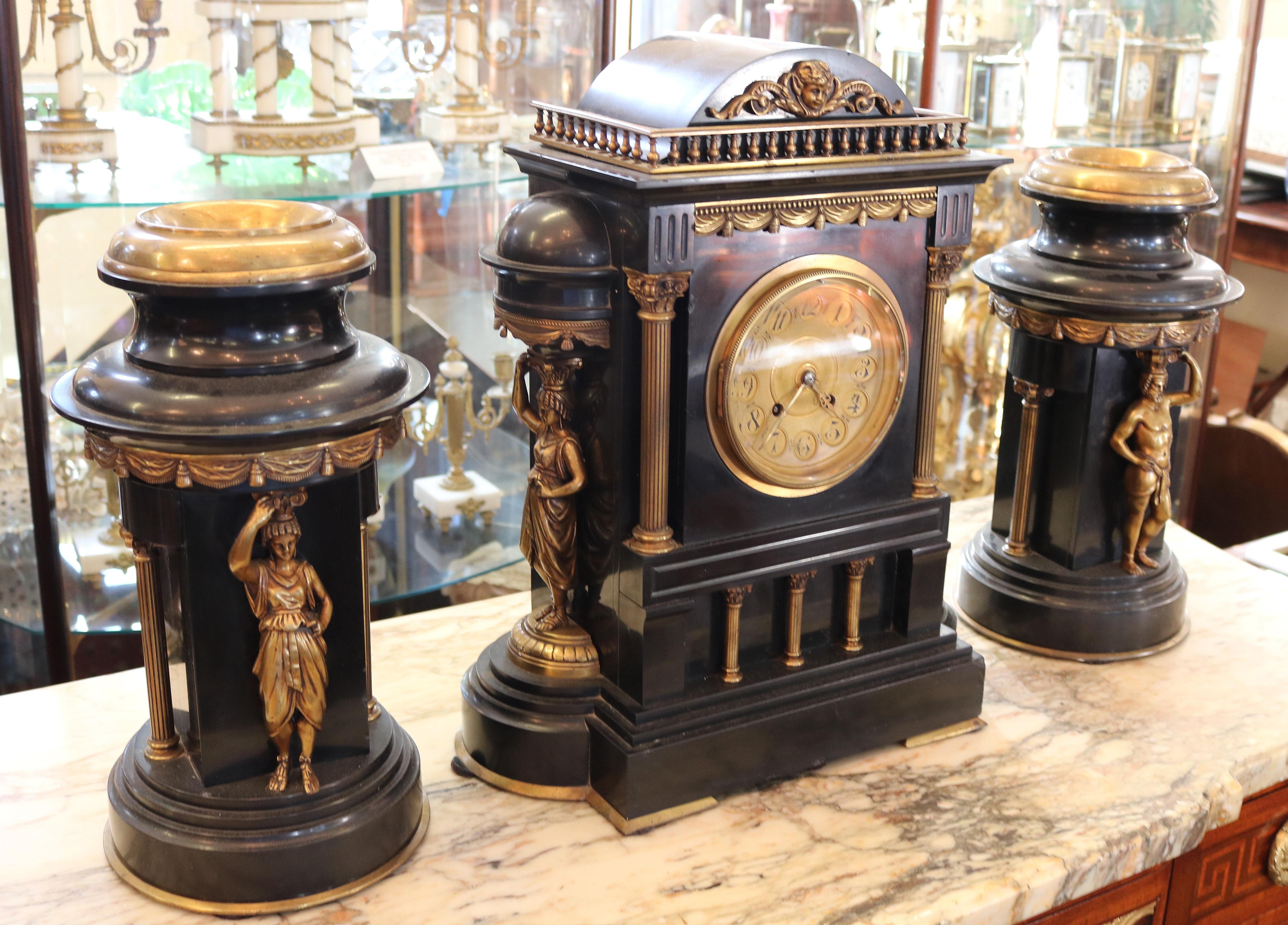 Neoclassical 19th Century Slate Neo Classical Garniture Clock Set  Dimensions : Clock - 17