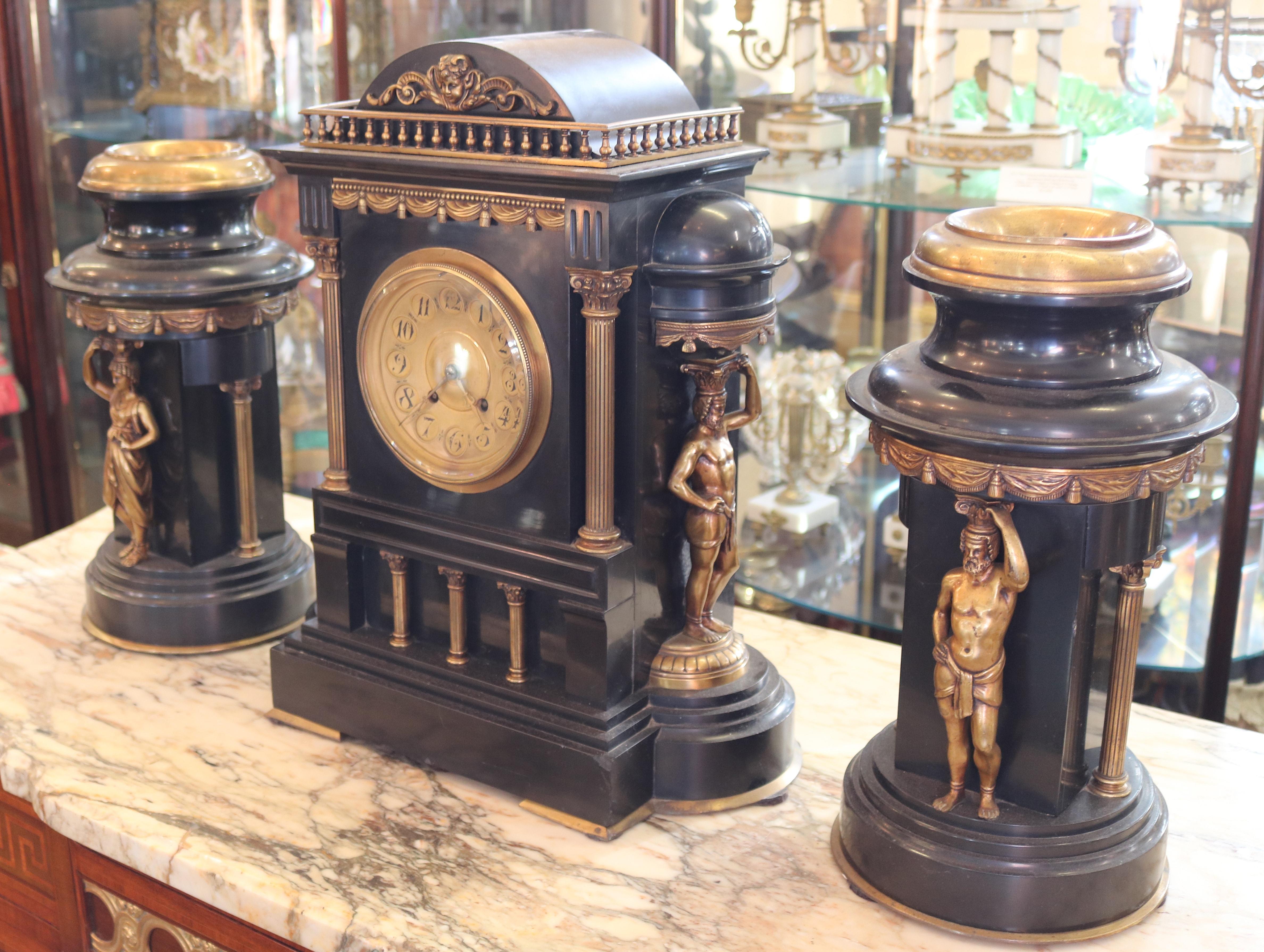 American 19th Century Slate Neo Classical Garniture Clock Set  Dimensions : Clock - 17