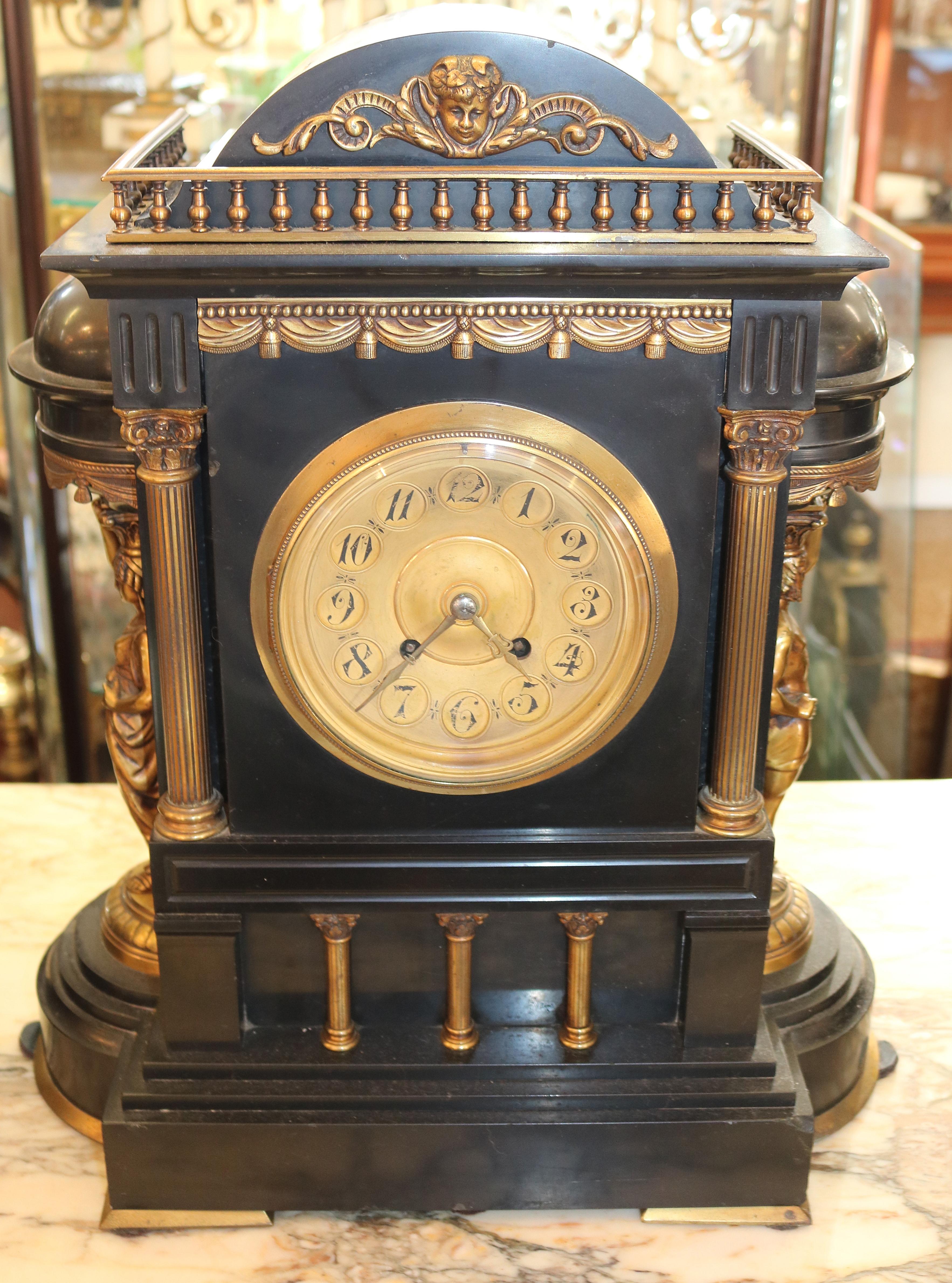 Brass 19th Century Slate Neo Classical Garniture Clock Set  Dimensions : Clock - 17