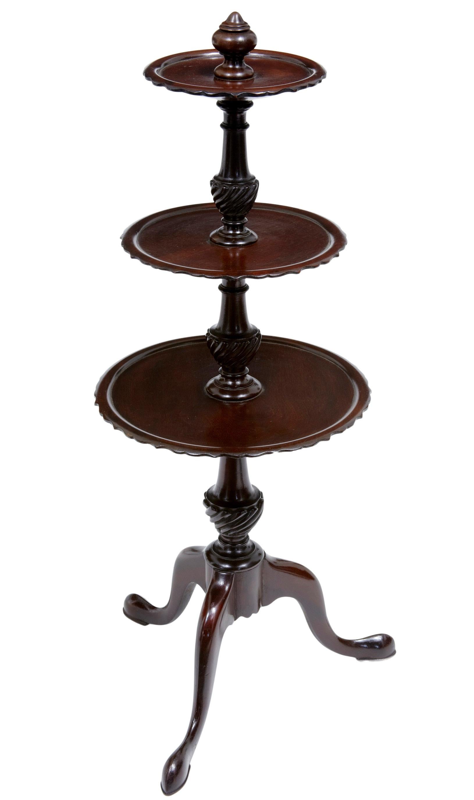 19th Century small 3 tier piecrust mahogany cake stand circa 1880.

Quite possibly an apprentice piece or scaled down model for a dumb waiter.  3 Tiers of of piecrust edged serving surfaces supported by a turned and fluted stem. Standing on a