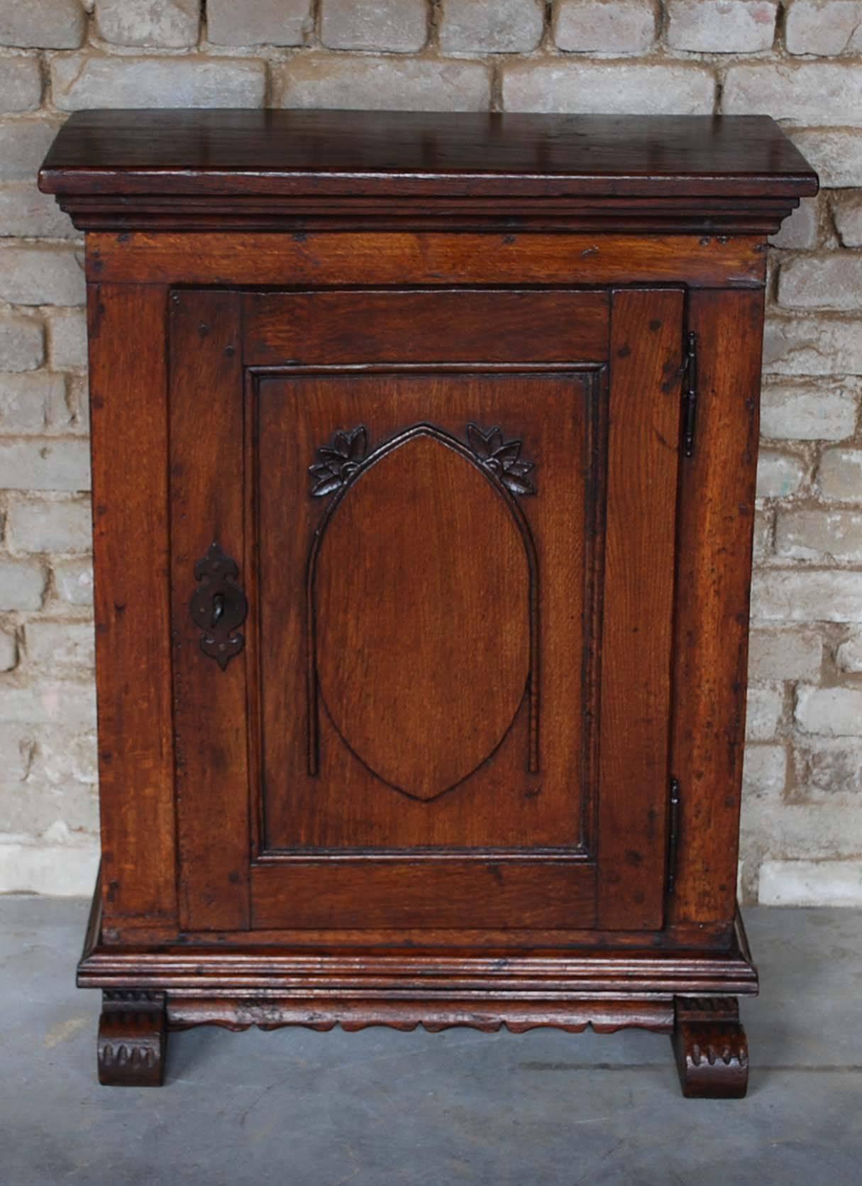 Small and shallowantique German cabinet made in solid oak. This cabinet was made in the Provence of Nortrein Westphalen, Germany, circa 1850. It has one door with a carved and elevated panel. On the bottom it has a nice carved apron and the cabinet