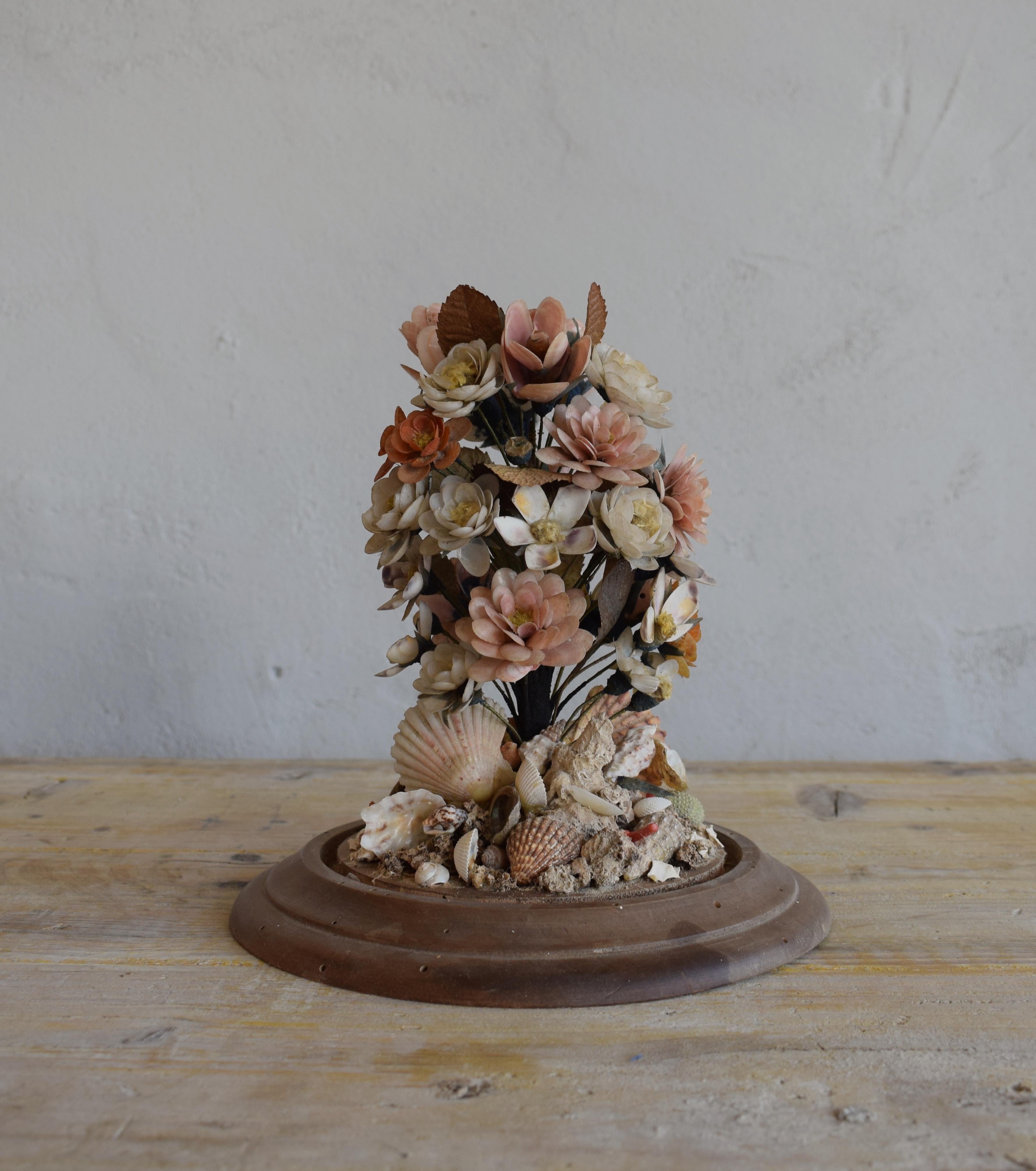 Spanish 19th Century Small Antique Seashell Wedding Bouquet with Circular Glass Dome 