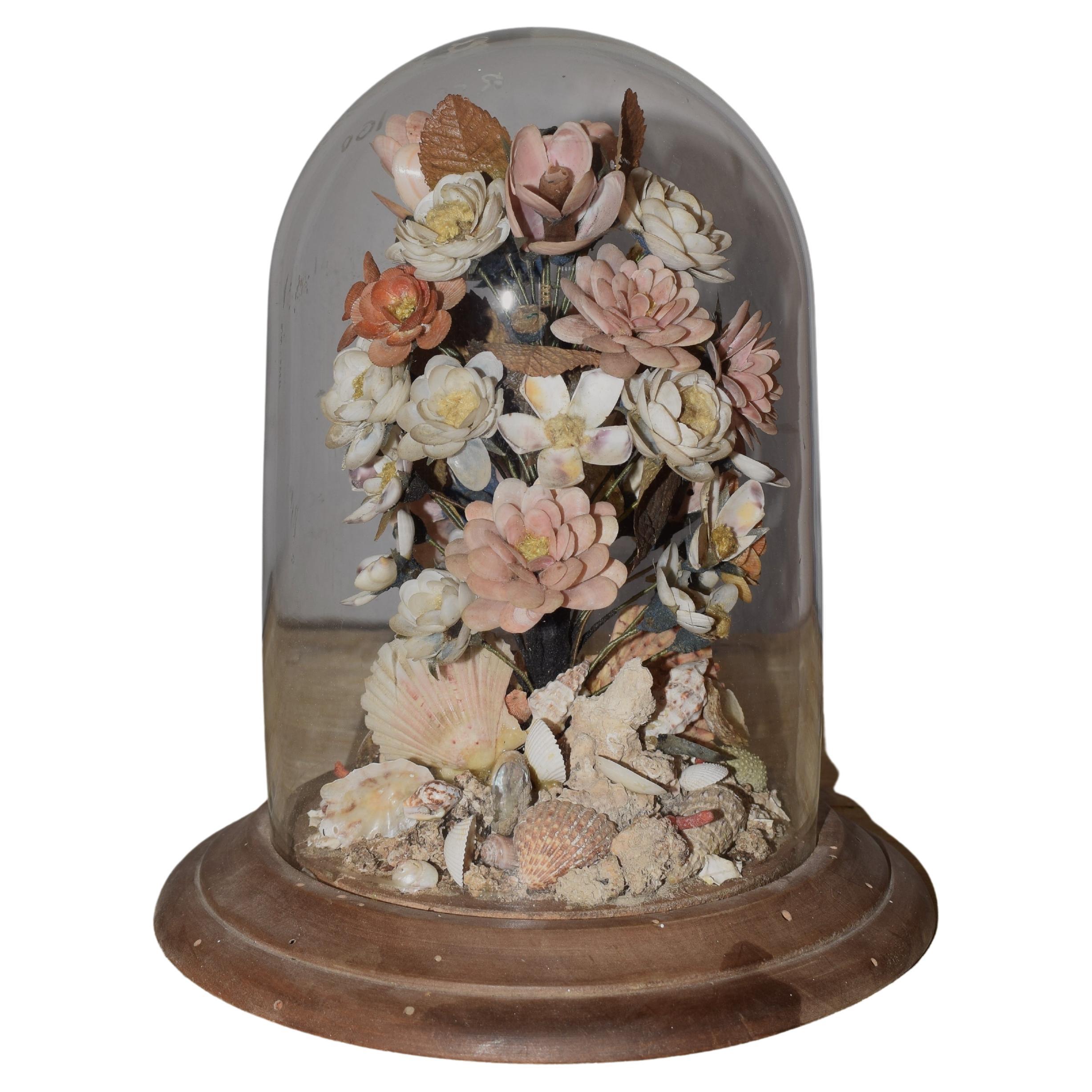 19th Century Small Antique Seashell Wedding Bouquet with Circular Glass Dome 