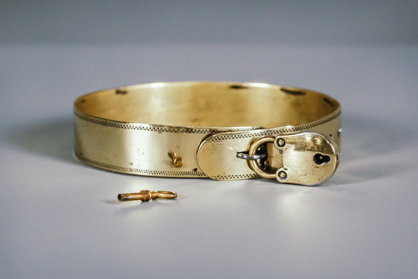19th Century Small Brass Dog Collar with Original Padlock and Key In Fair Condition In Pease pottage, West Sussex