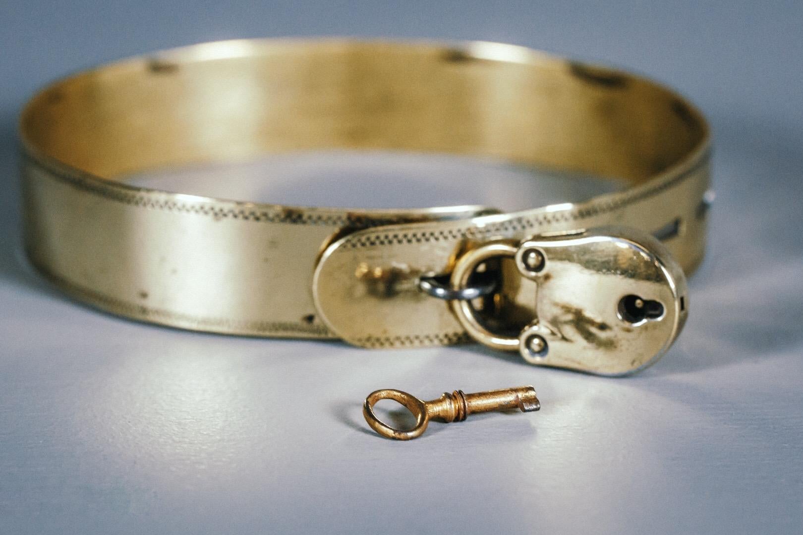 19th Century Small Brass Dog Collar with Original Padlock and Key 2