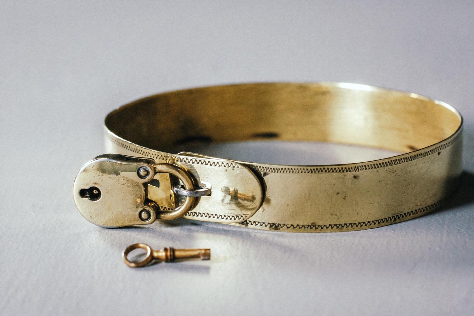 19th Century Small Brass Dog Collar with Original Padlock and Key 5