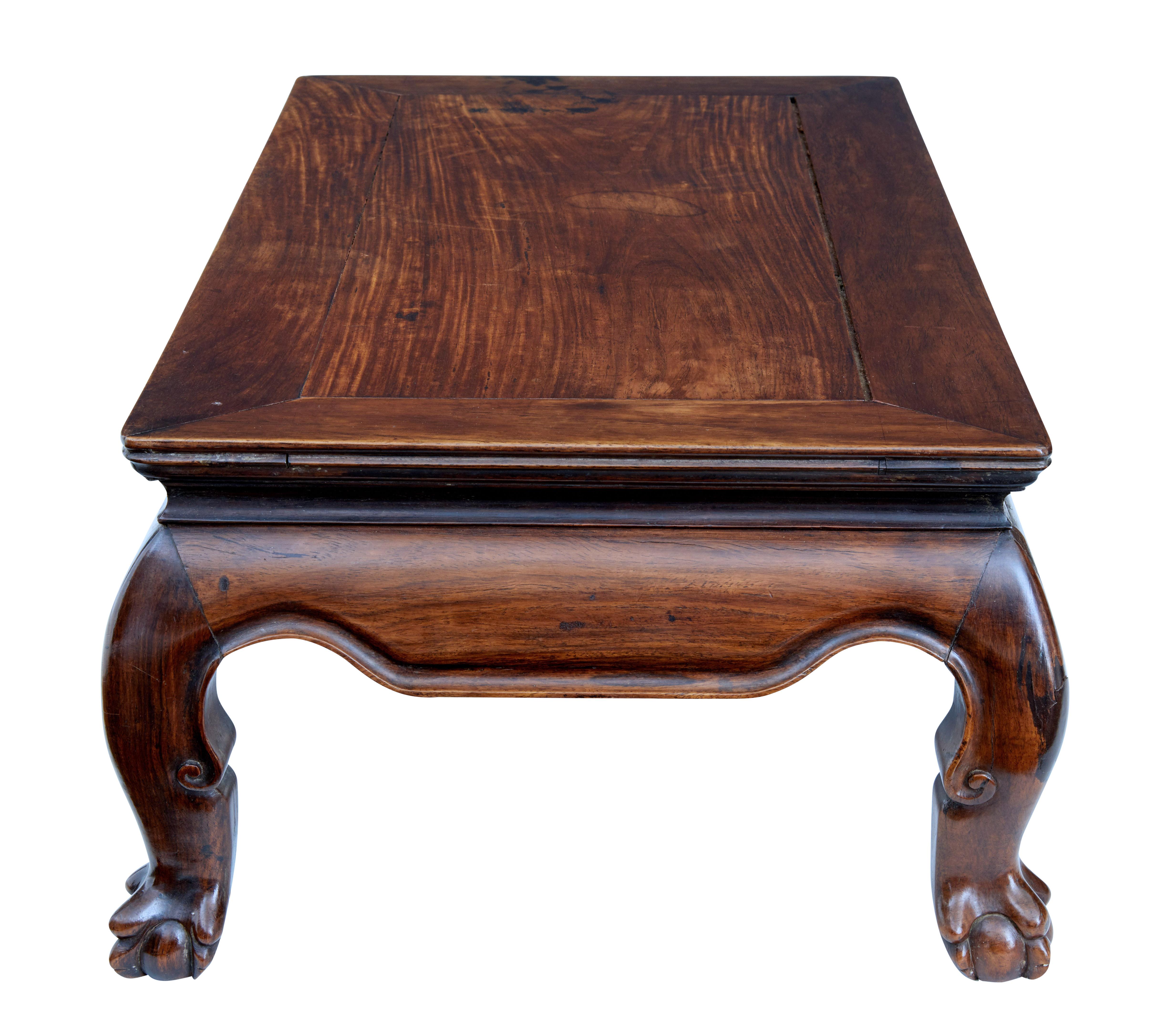 19th century small Chinese huanghuali kang table circa 1800.

Kang tables are dual purpose pieces of furniture that served as low tables, benches and larger versions as beds. Our example is made from huanghuali. Rectangular top with typical shaped