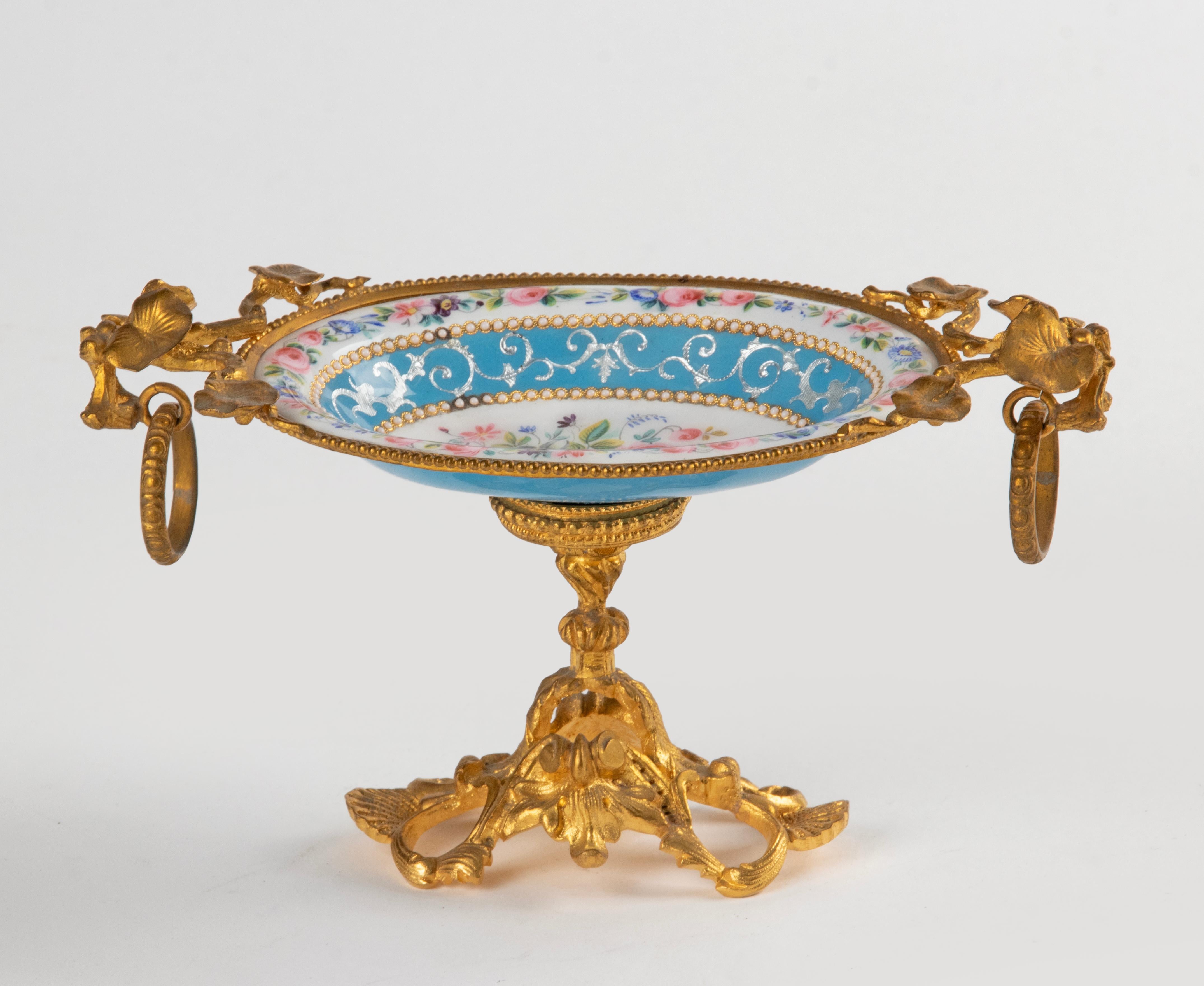 French 19th Century Small Dish Hand Painted Enamel and Ormolu Bronze For Sale