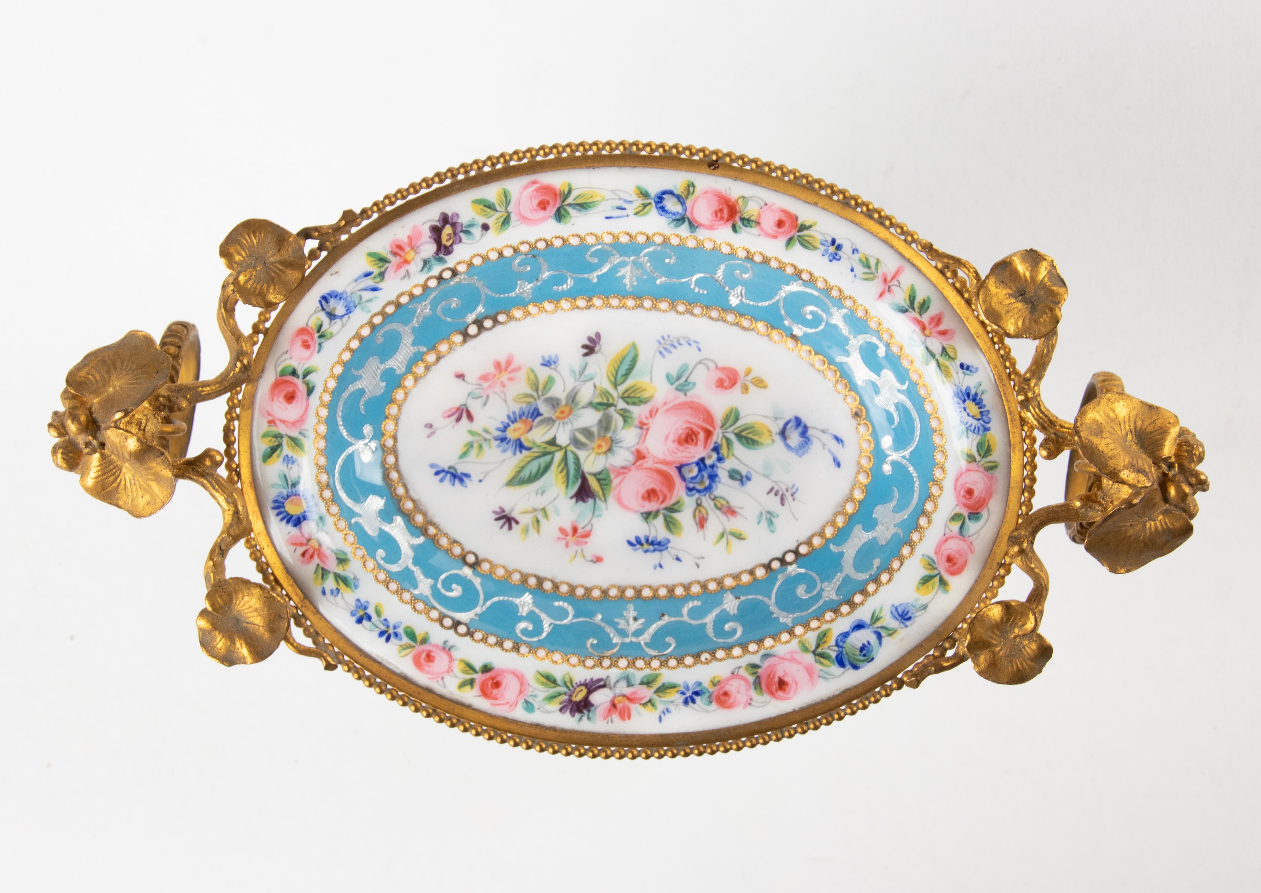 Hand-Crafted 19th Century Small Dish Hand Painted Enamel and Ormolu Bronze For Sale