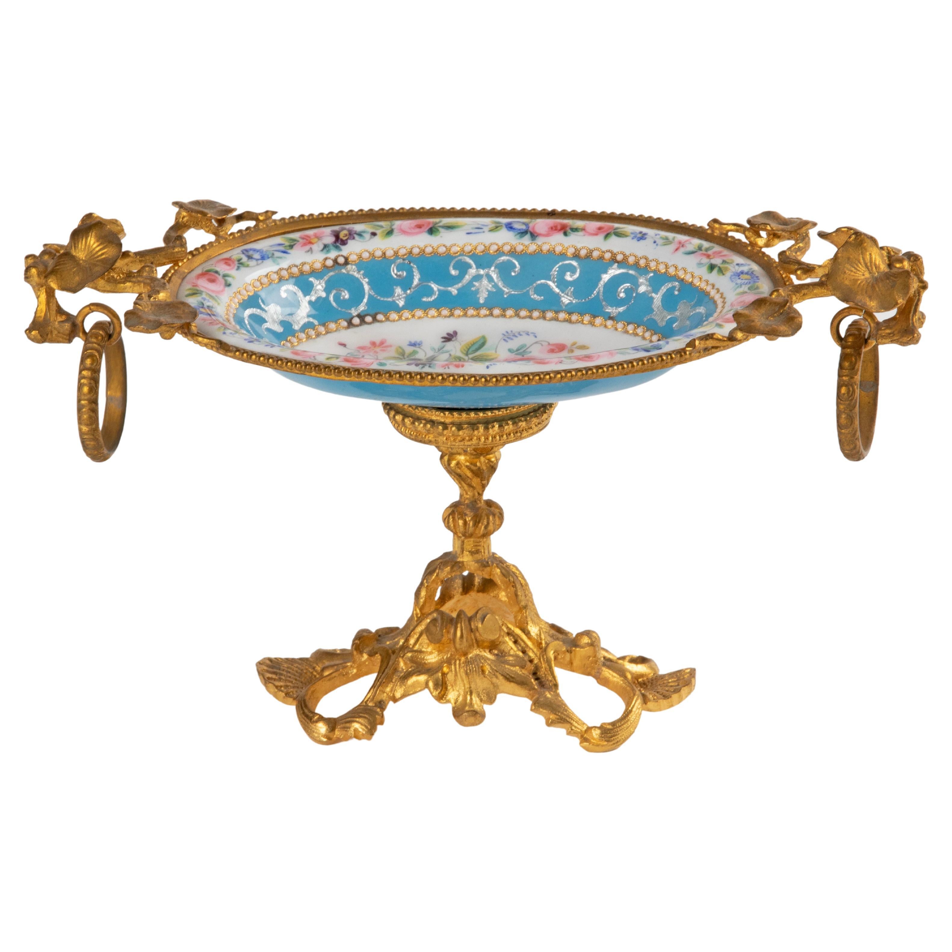 19th Century Small Dish Hand Painted Enamel and Ormolu Bronze For Sale