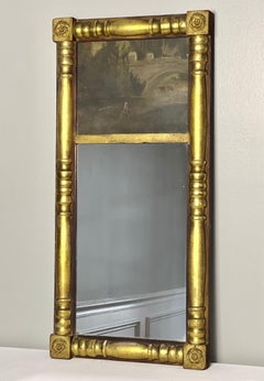 19th Century Small Empire Giltwood Trumeau Mirror with Painting