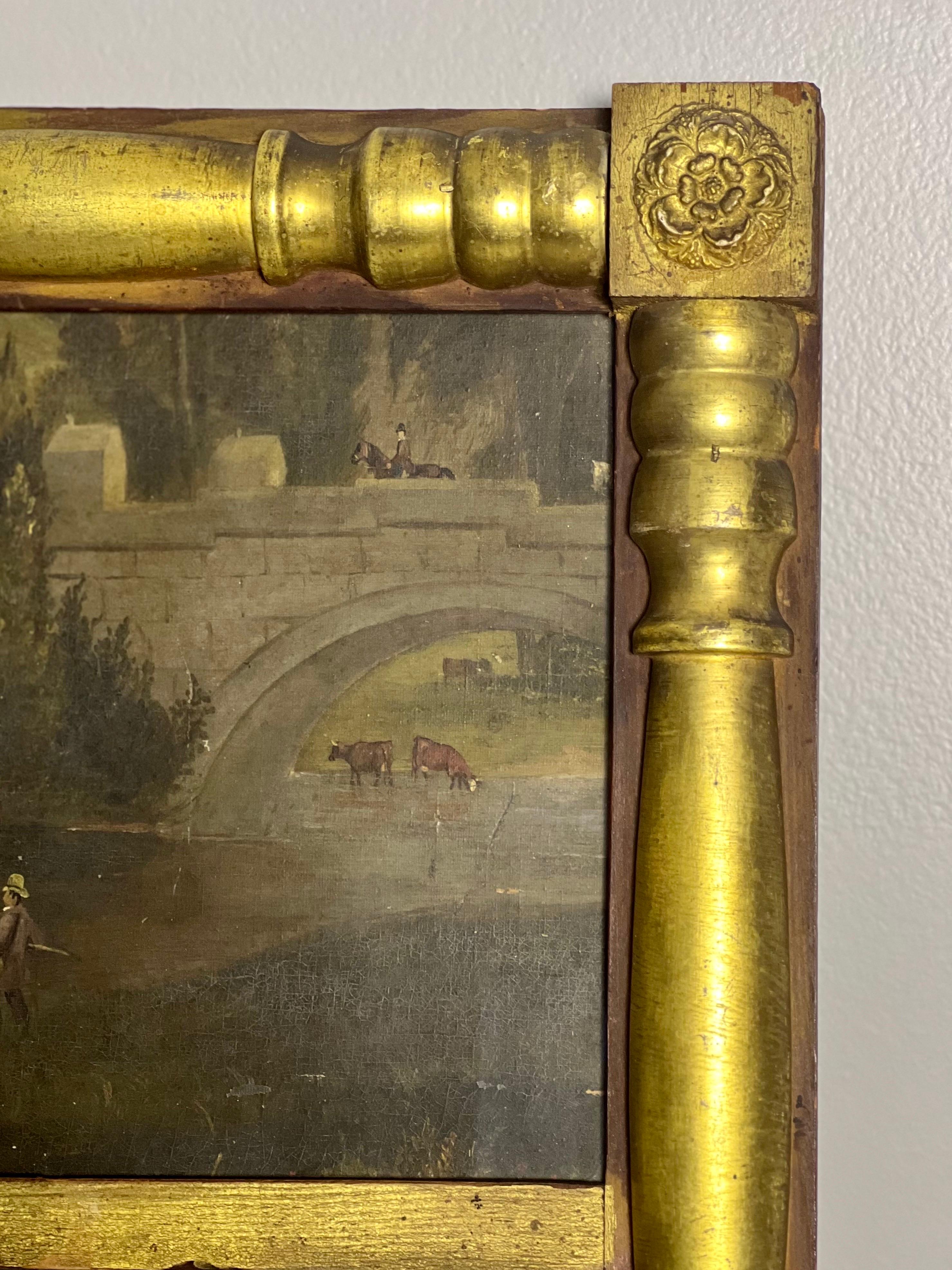 19. Jahrhundert Kleine Empire Giltwood Trumeau Spiegel mit Malerei im Angebot 3