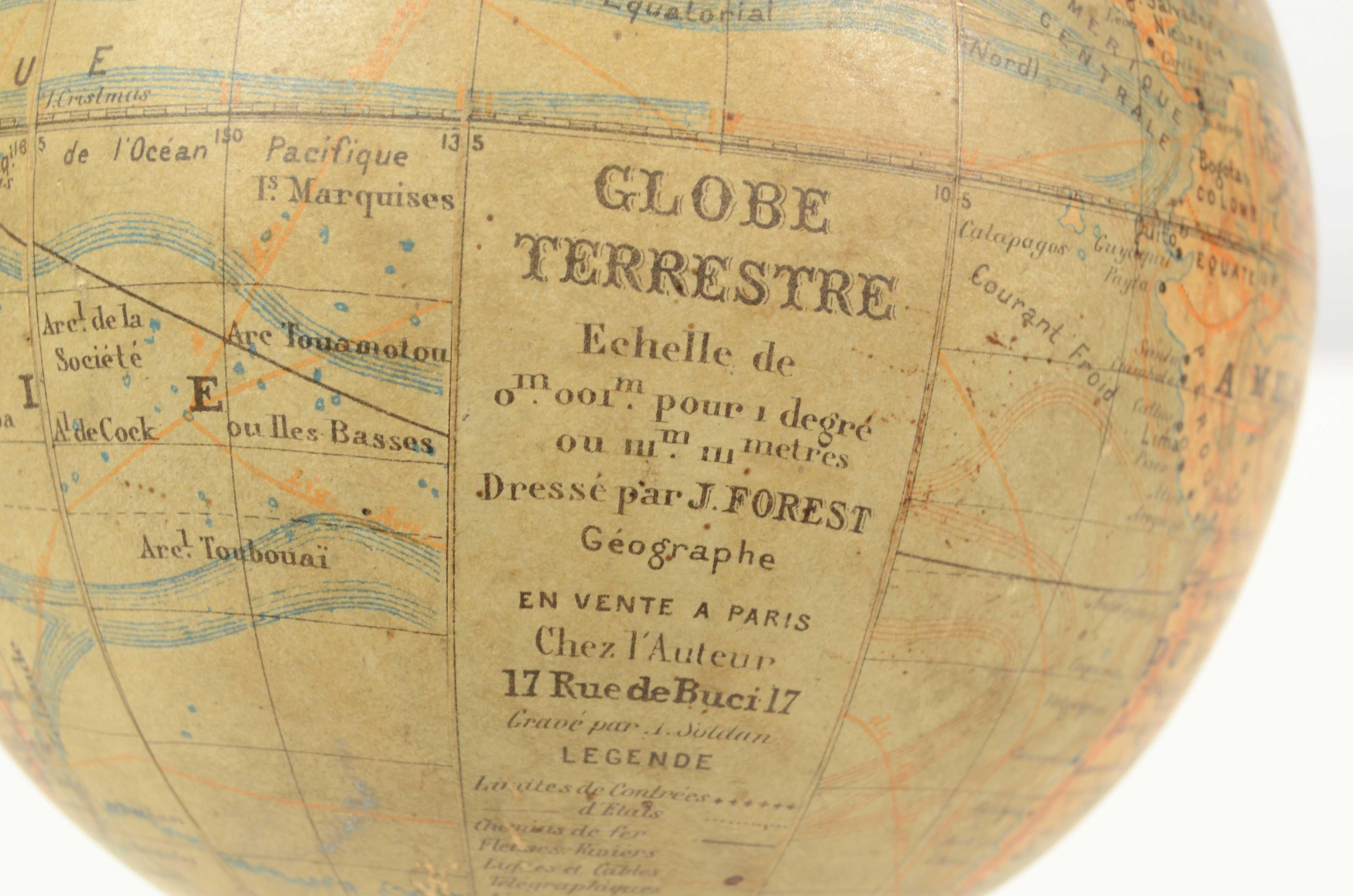 19th Century Small French Antique Terrestrial Globe Editet by J. Forest a Paris 8