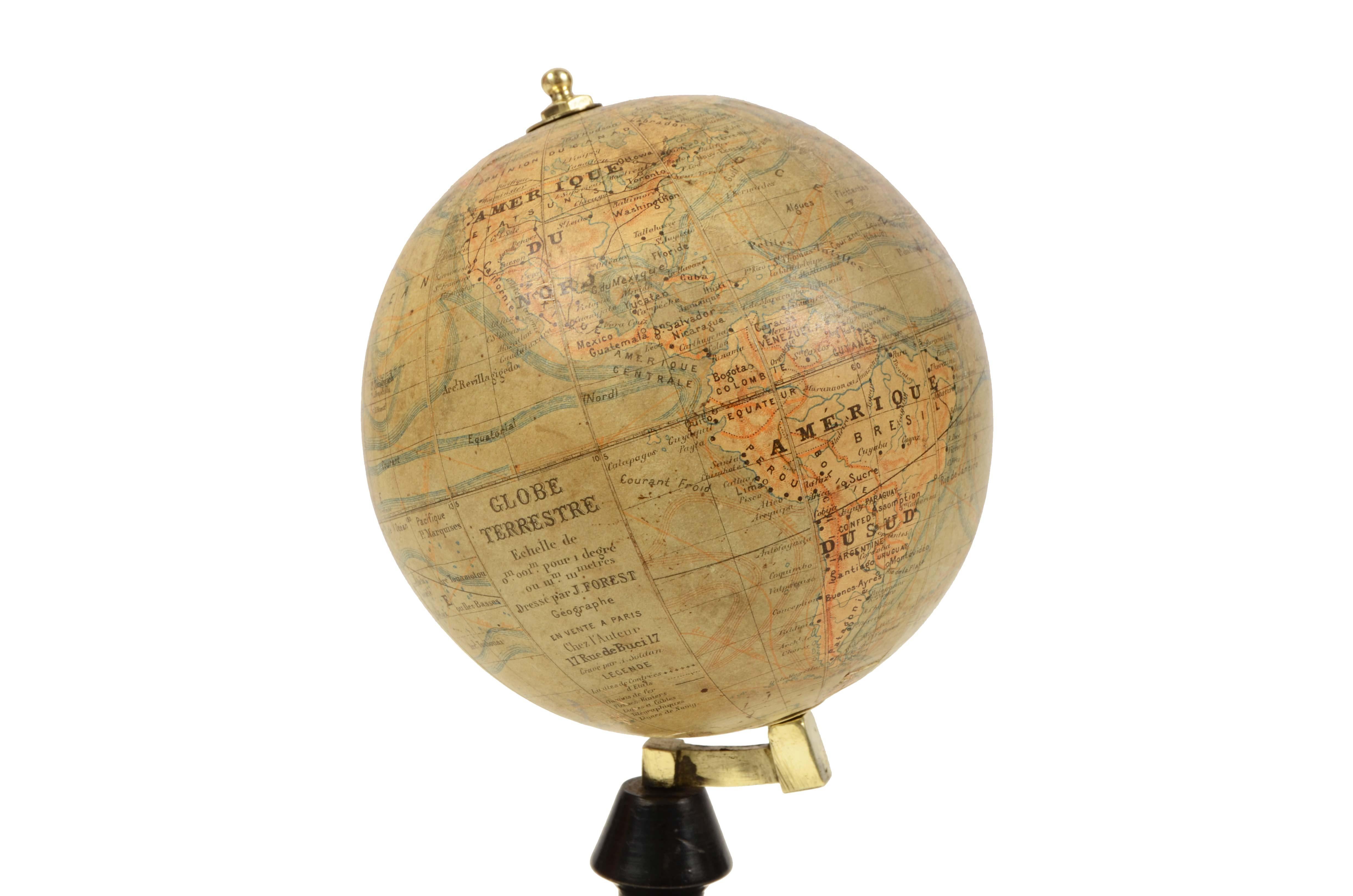 Paper 19th Century Small French Antique Terrestrial Globe Editet by J. Forest a Paris