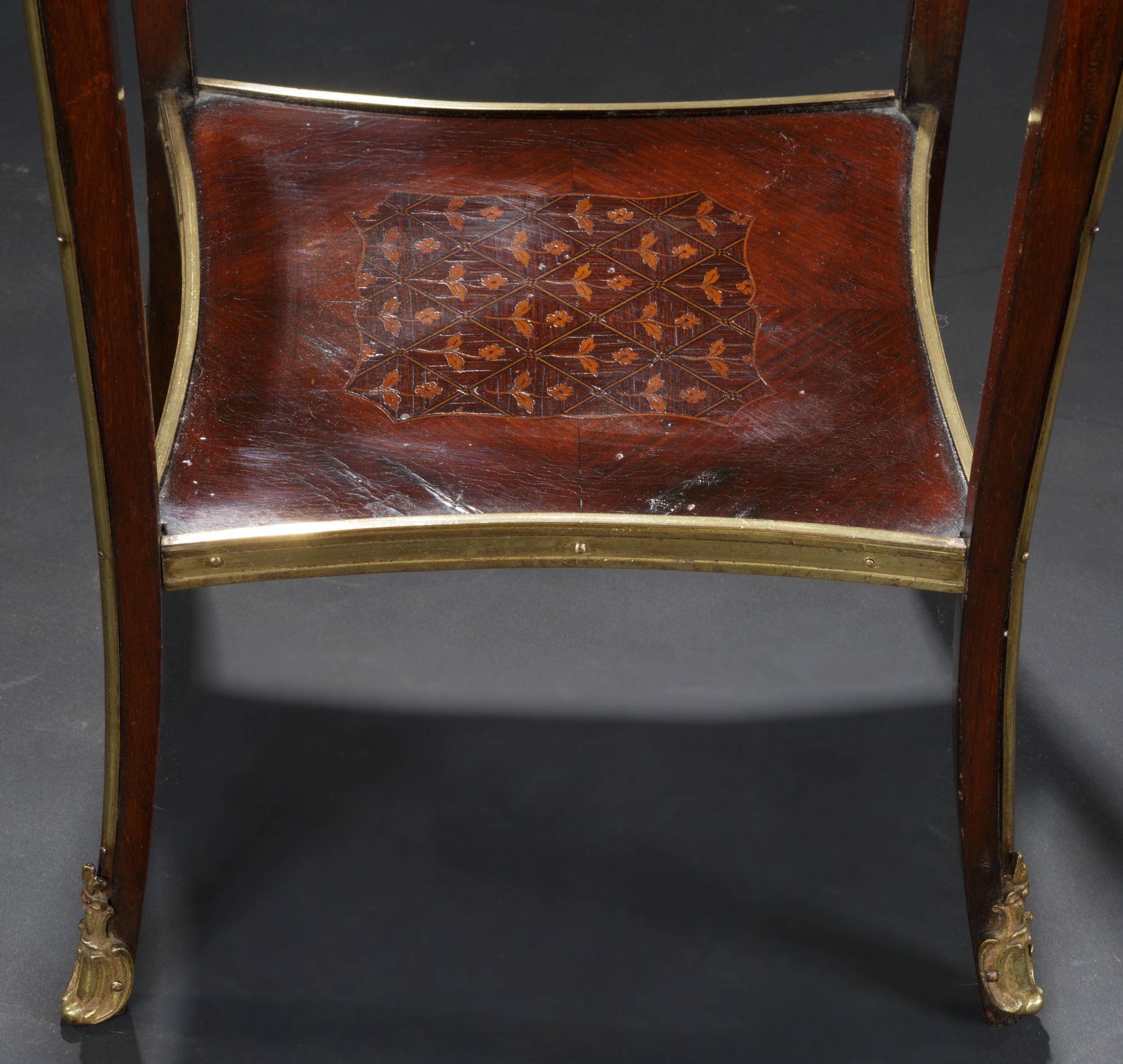 19th century small French inlaid mahogany table with brass bound top and ormolu mounts and handle. Single drawer .c.1880.
