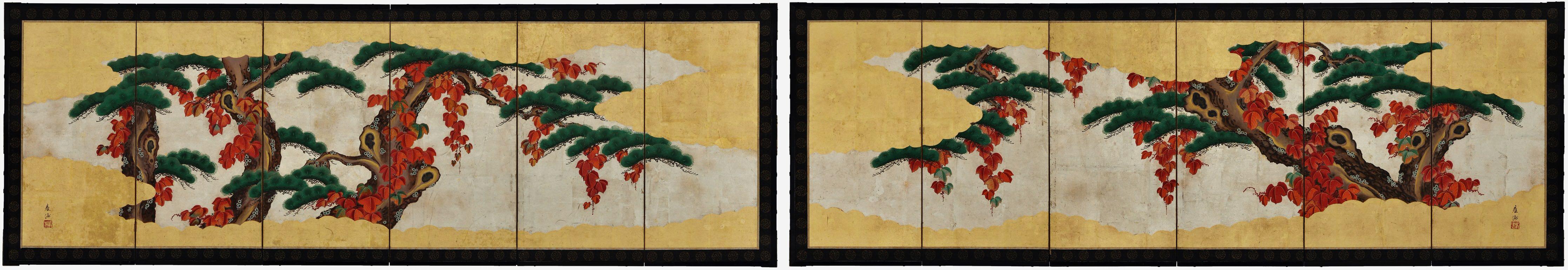 This pair of screens depict just the middle sections of aged pine trees, painted in bold brush strokes on a background of gold leaf clouds. The trees are draped in vines, the lush crimson and orange hues indicating autumn. The vibrant green needles