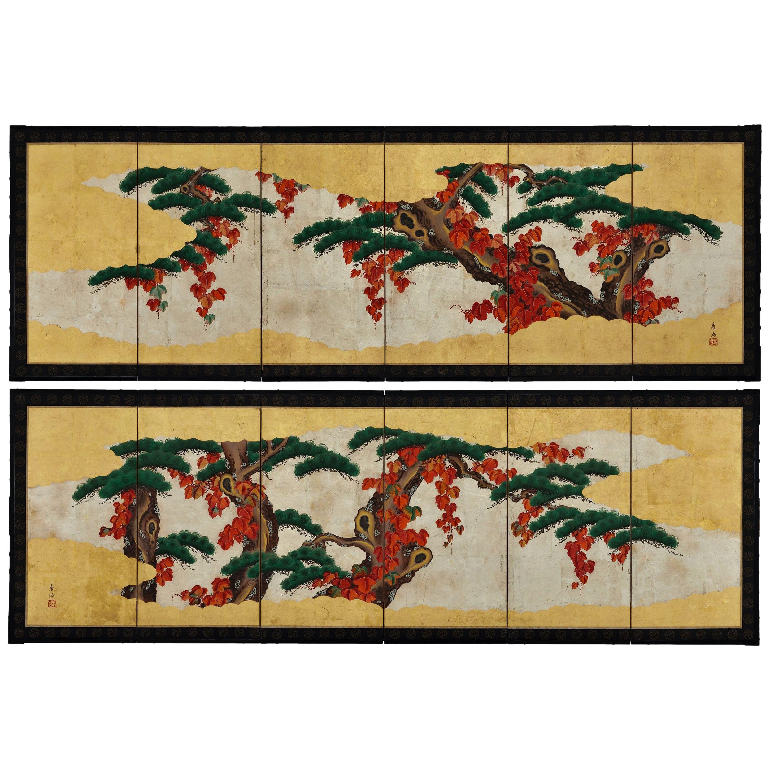 19th Century Small Japanese Screen Pair, Pine Trees and Vines on Gold Leaf