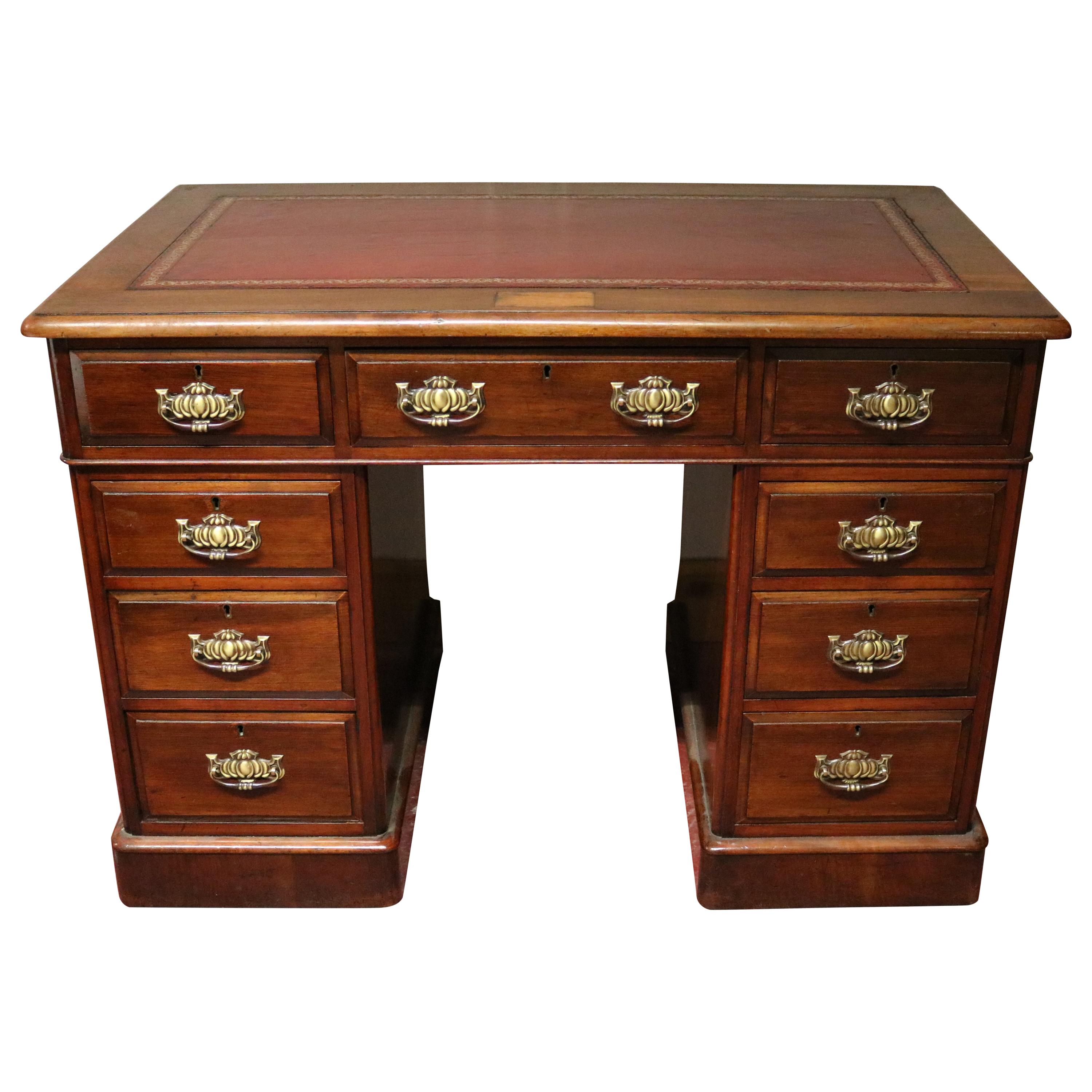 19th Century Small Mahogany Pedestal Desk with Red Leather Top For Sale
