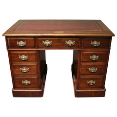 19th Century Small Mahogany Pedestal Desk with Red Leather Top