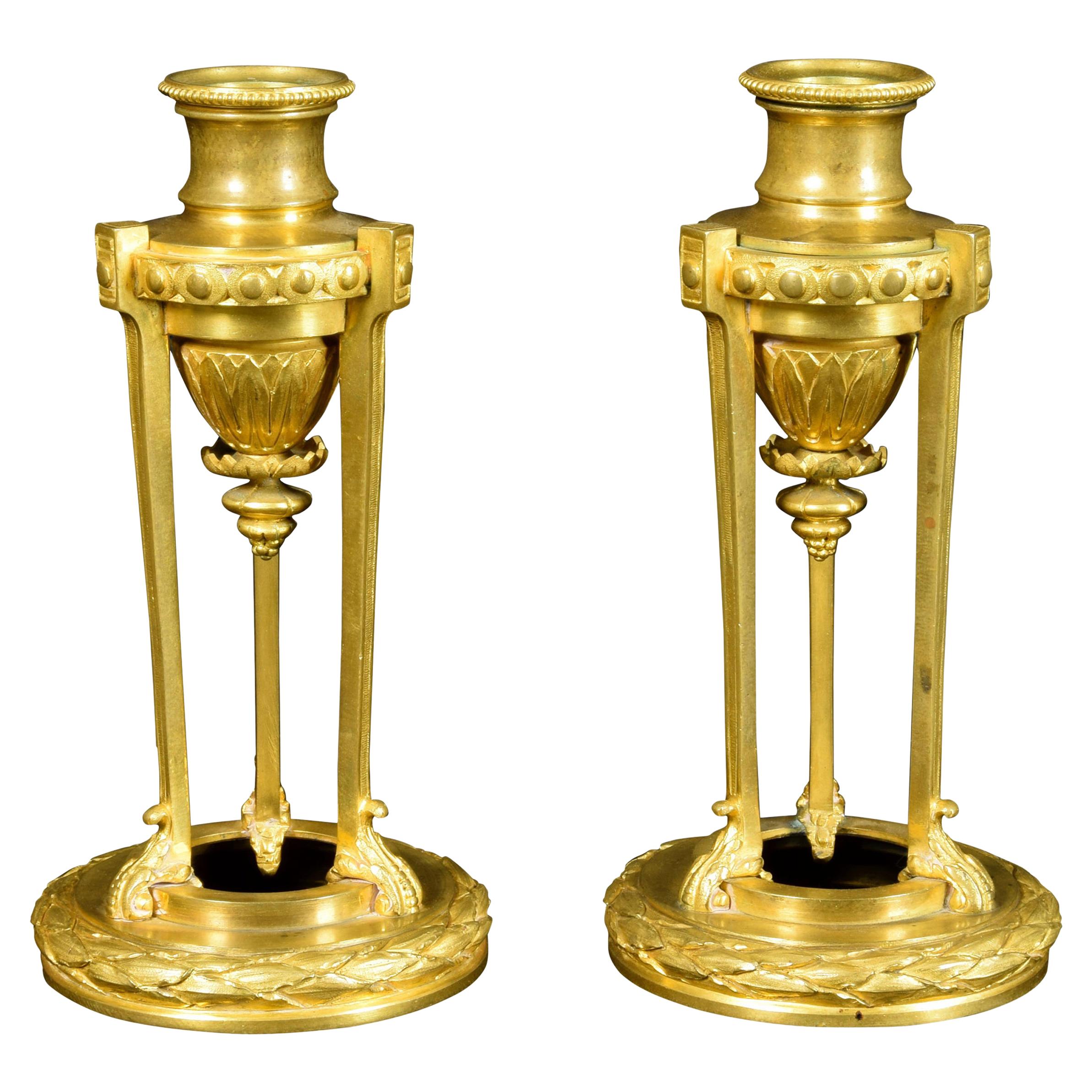 19th Century Small Pair of French Chiseled Gilded Bronze Candlesticks