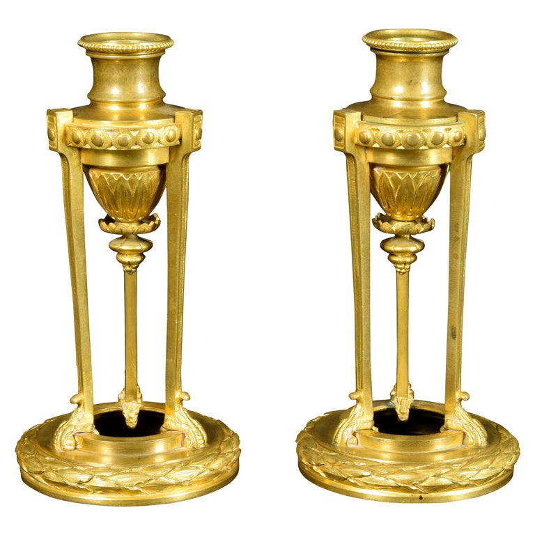 19th Century Small Pair of French Chiseled Gilded Bronze Candlesticks For Sale