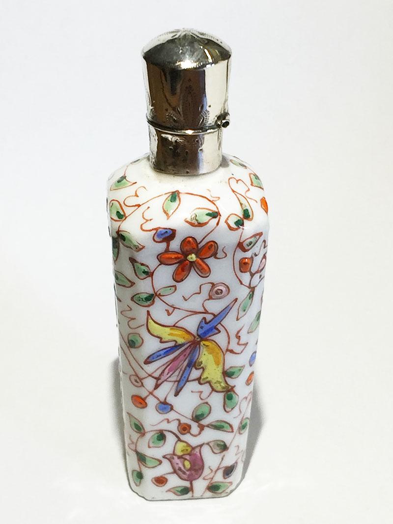 Silver 19th Century Small Porcelain Enameled Scent Perfume Bottle For Sale