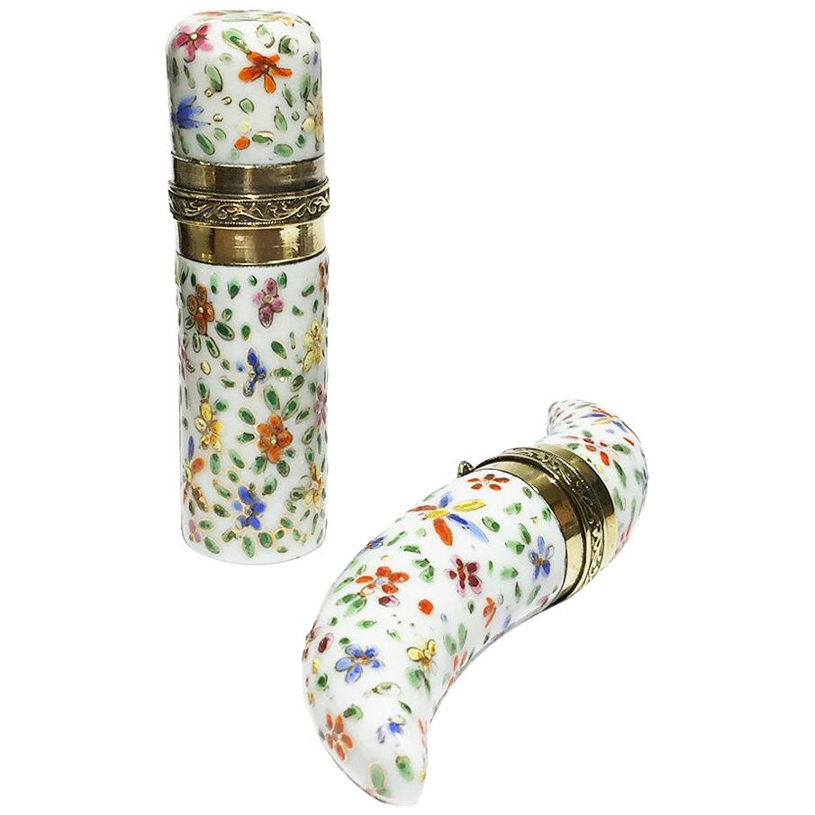 19th Century Small Porcelain Enameled Scent Perfume Bottles For Sale