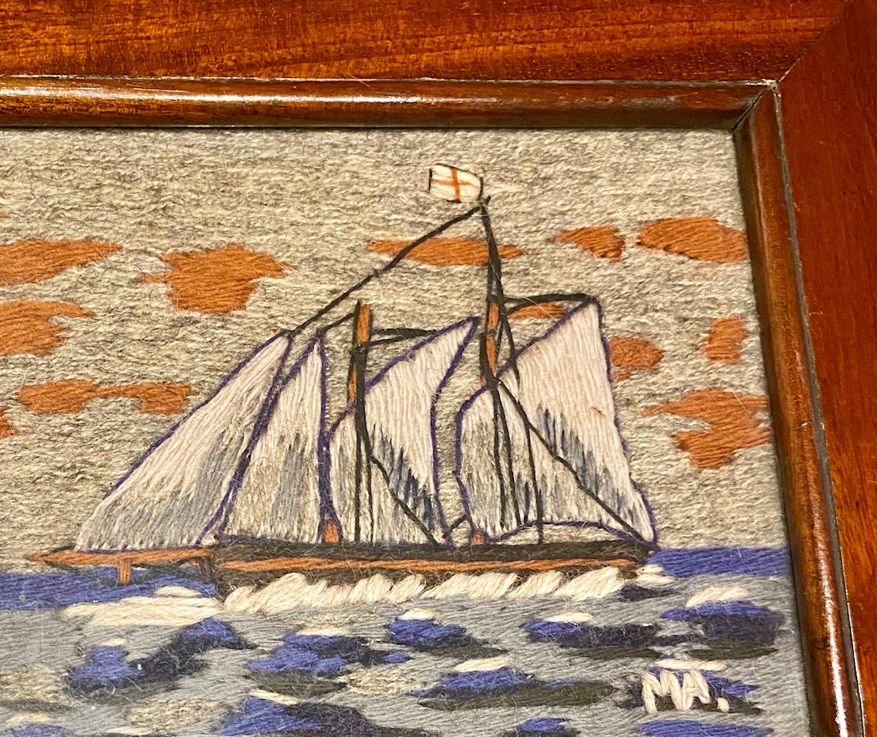 Folk Art 19th Century Small Sailor's Woolie with Schooner, Signed M.A., circa 1870