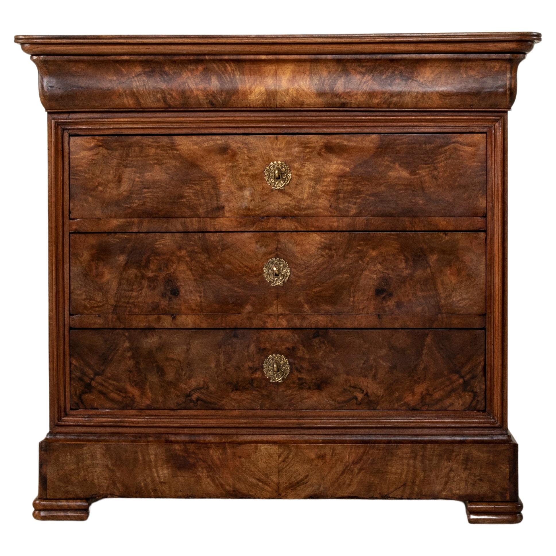 19th Century Small Scale French Louis Philippe Period Burl Walnut Chest, Commode