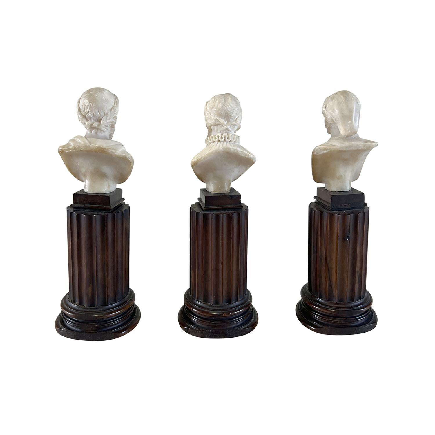 Alabaster 19th Century Small Trio of Antique Italian Nutwood Poet Busts For Sale