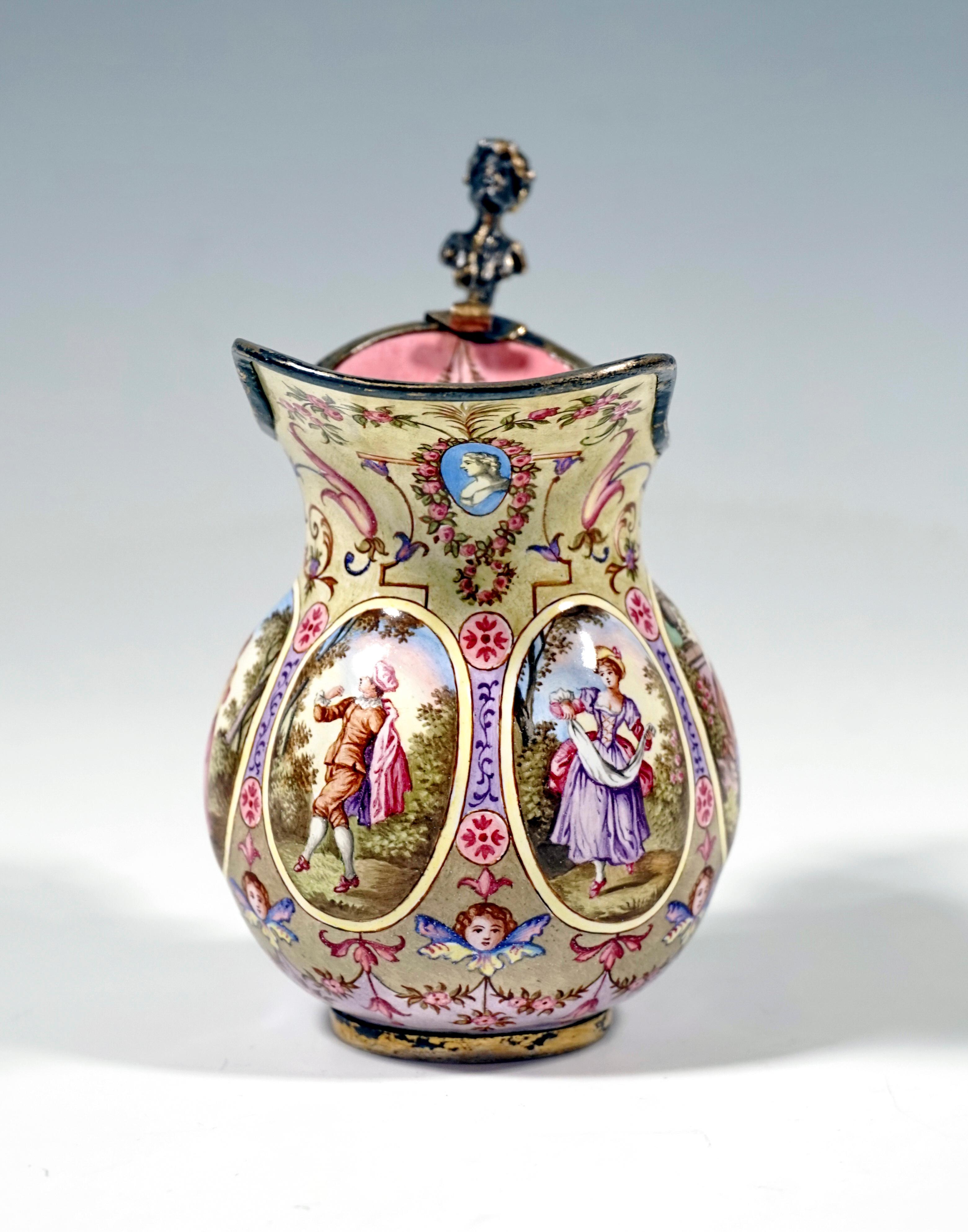 Finest Viennese Enamel Work from around 1880:
Metal body almost completely enamelled, belly with six oval, outwardly curved medallions with Watteau scenes, in between and on the spout detailed arabesque decoration with angel heads, inside flower