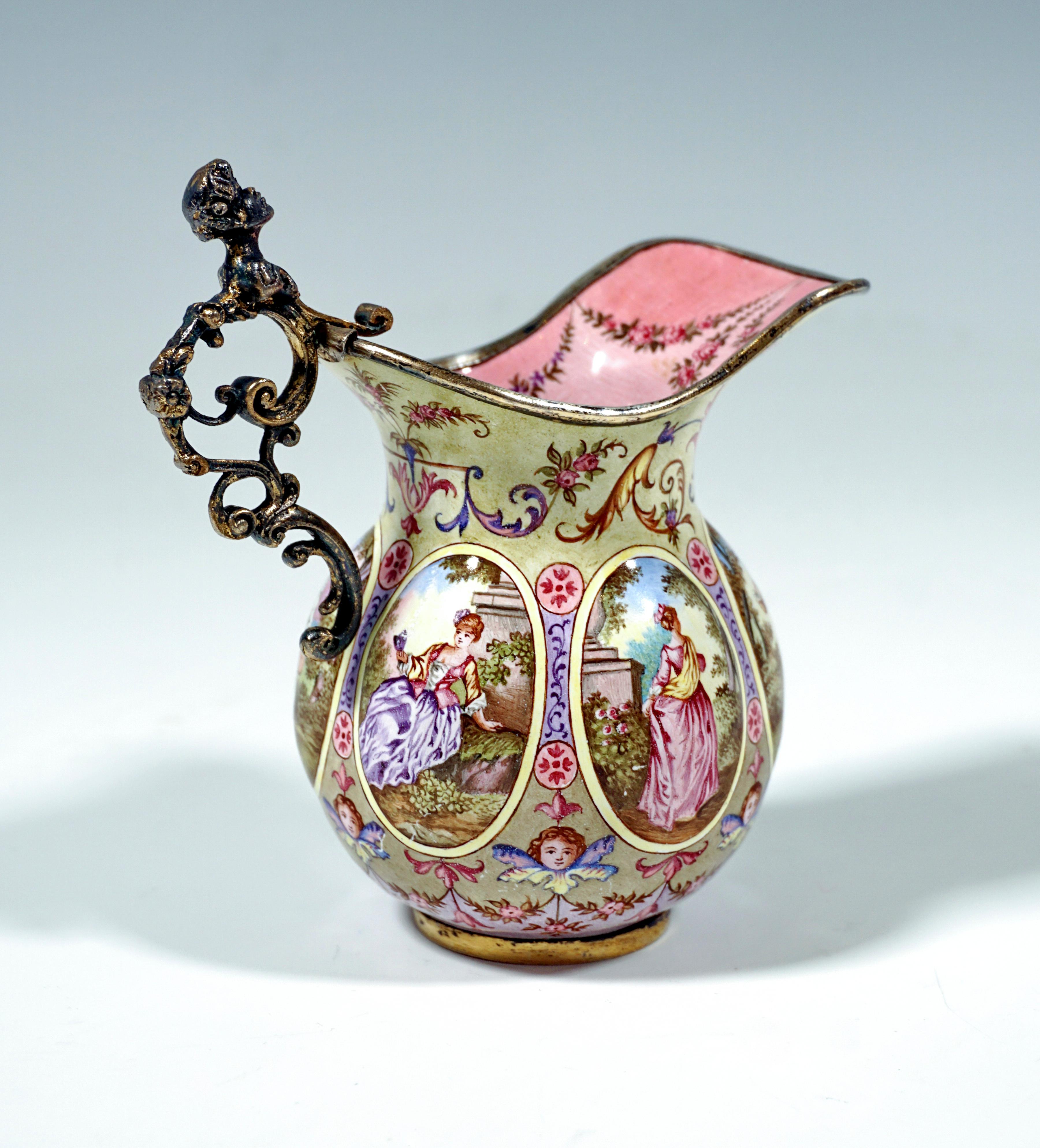 Rococo 19th Century Small Viennese Enamel Jug with Watteau and Arabesque Painting For Sale