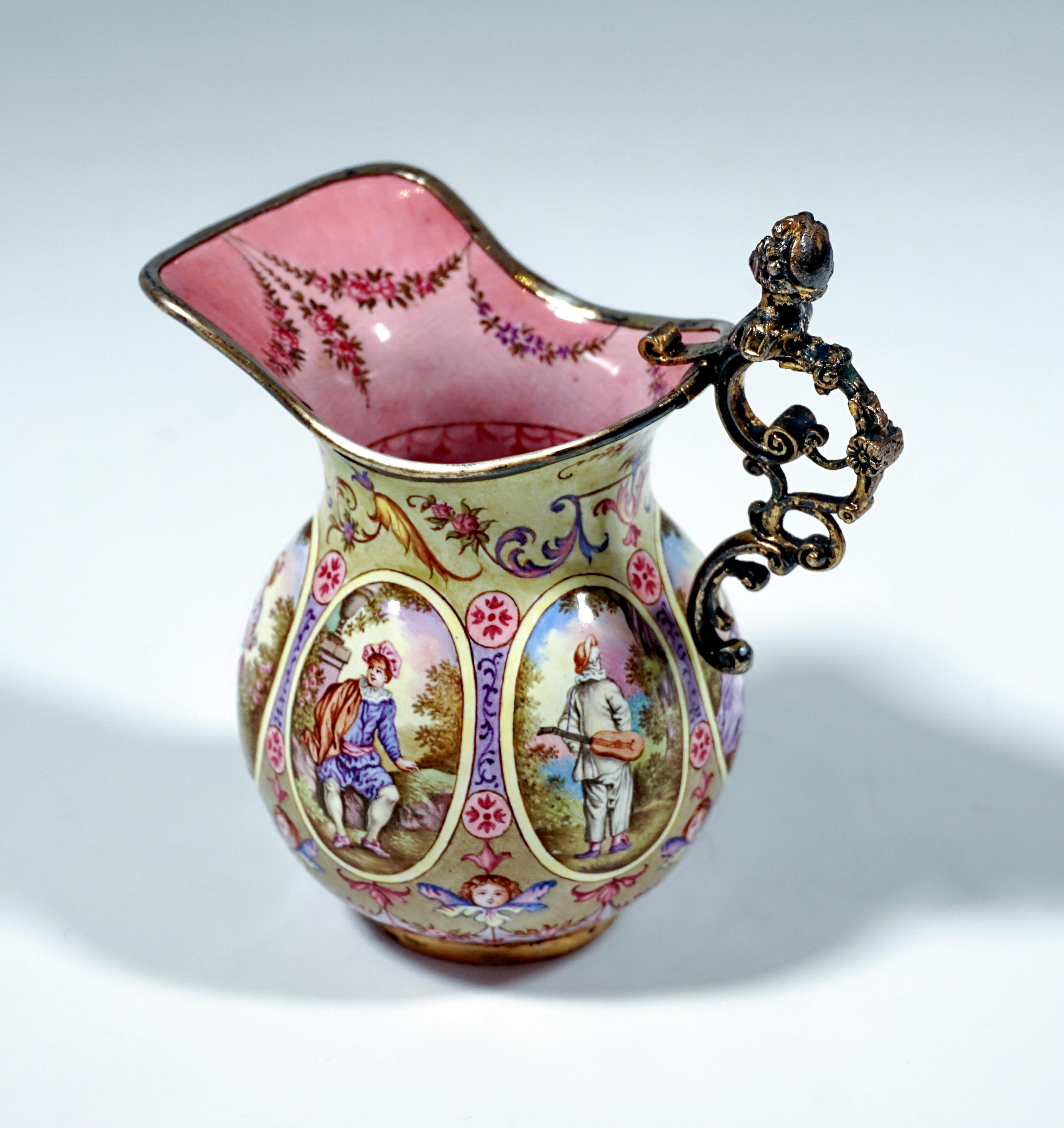 Austrian 19th Century Small Viennese Enamel Jug with Watteau and Arabesque Painting For Sale