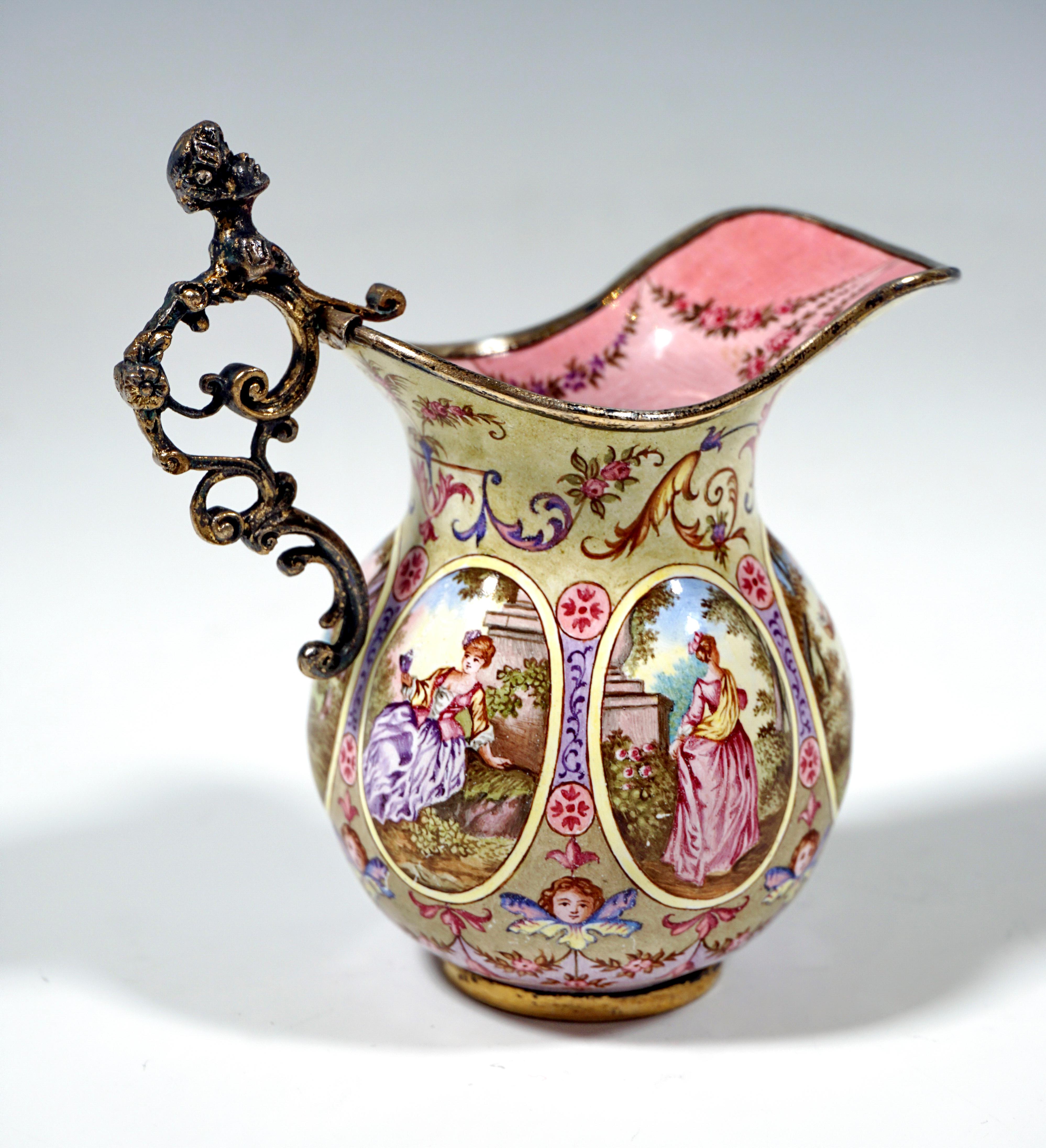 Late 19th Century 19th Century Small Viennese Enamel Jug with Watteau and Arabesque Painting For Sale