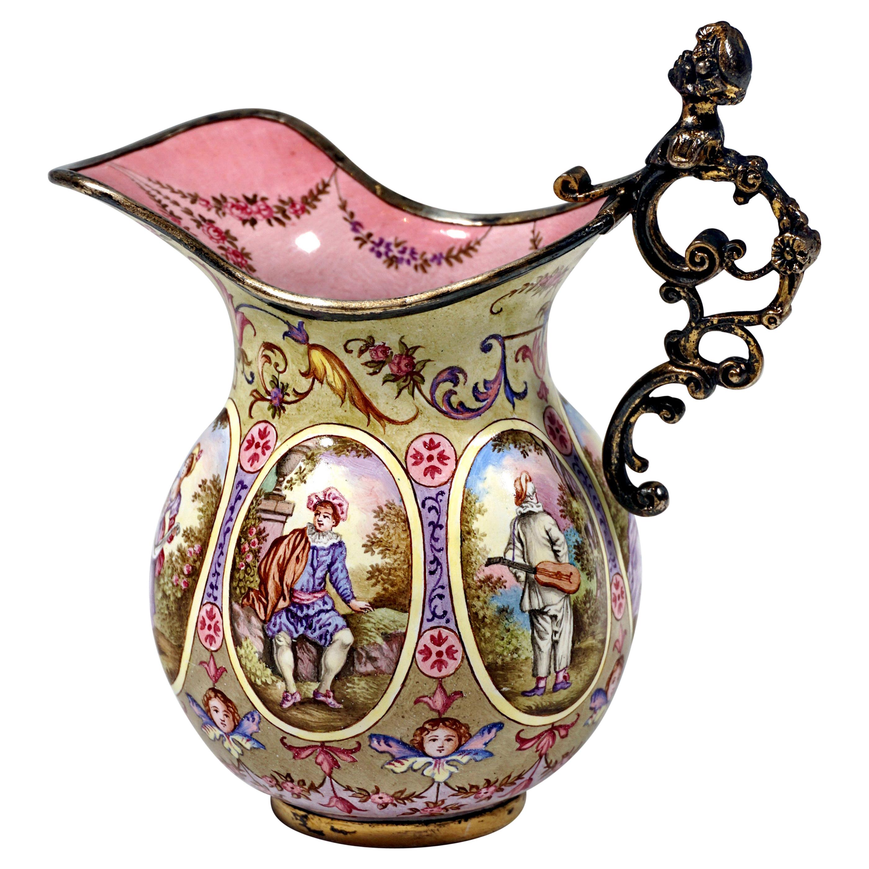 19th Century Small Viennese Enamel Jug with Watteau and Arabesque Painting For Sale