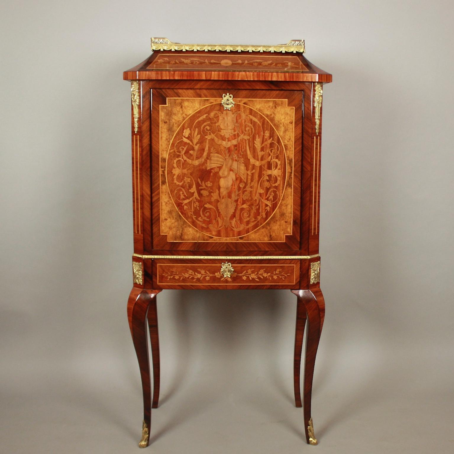 19th Century Louis XVI Floral and Musical Instruments Marquetry Writing Cabinet or Lady's Secrétaire, also called 