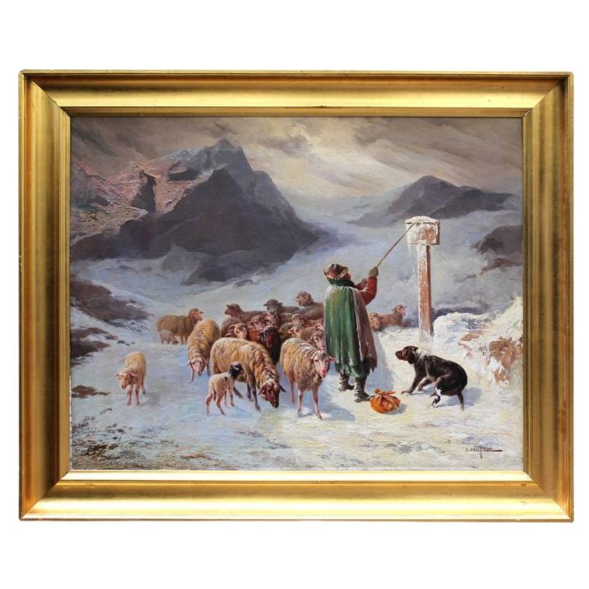 Peinture  l'huile sur toile de paysage montagneux des neiges du 19me sicle par Califano