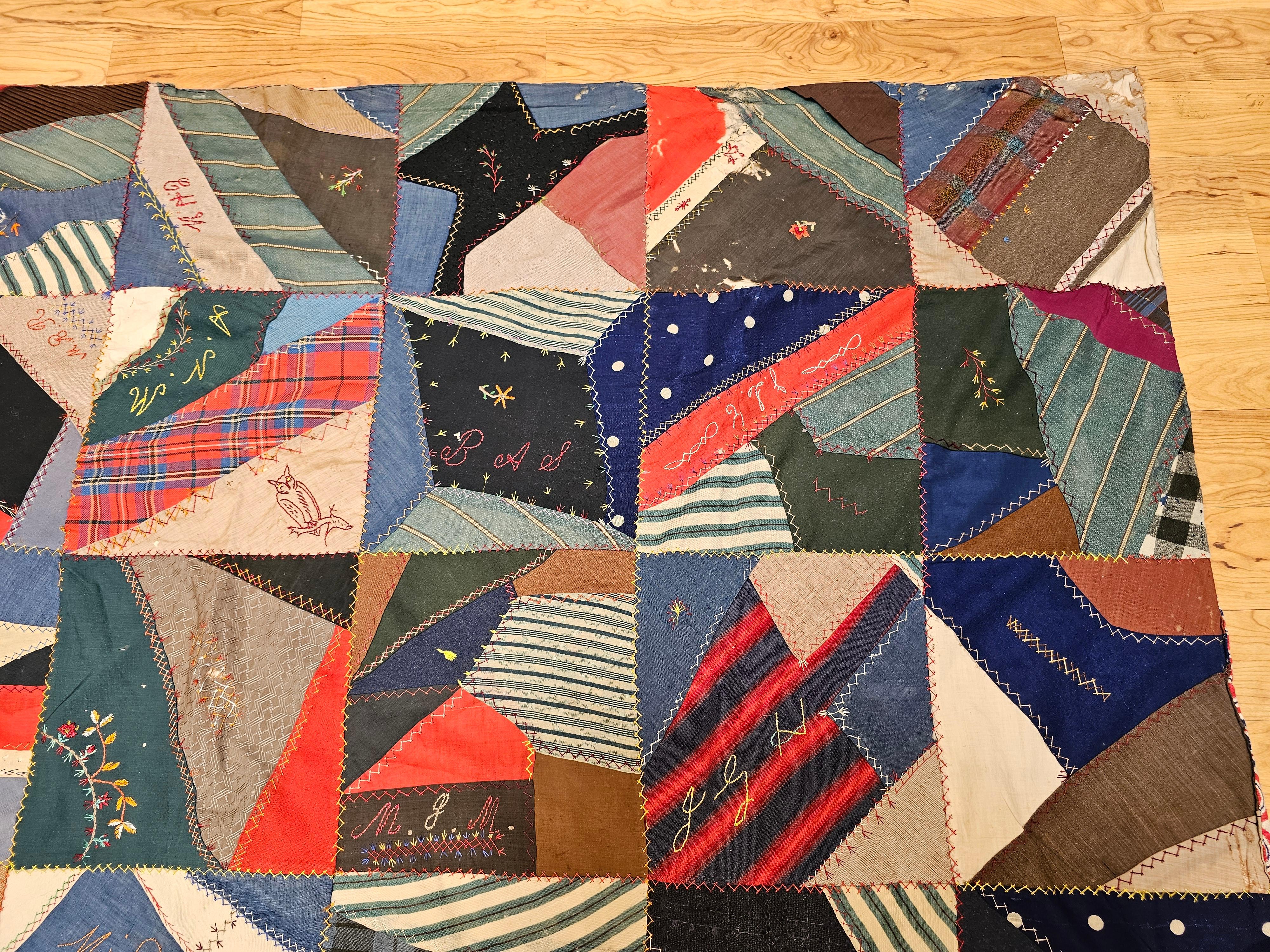 19th Century Society Crazy Quilt in Turquoise, Pink, Yellow, Navy, Green, Red For Sale 4