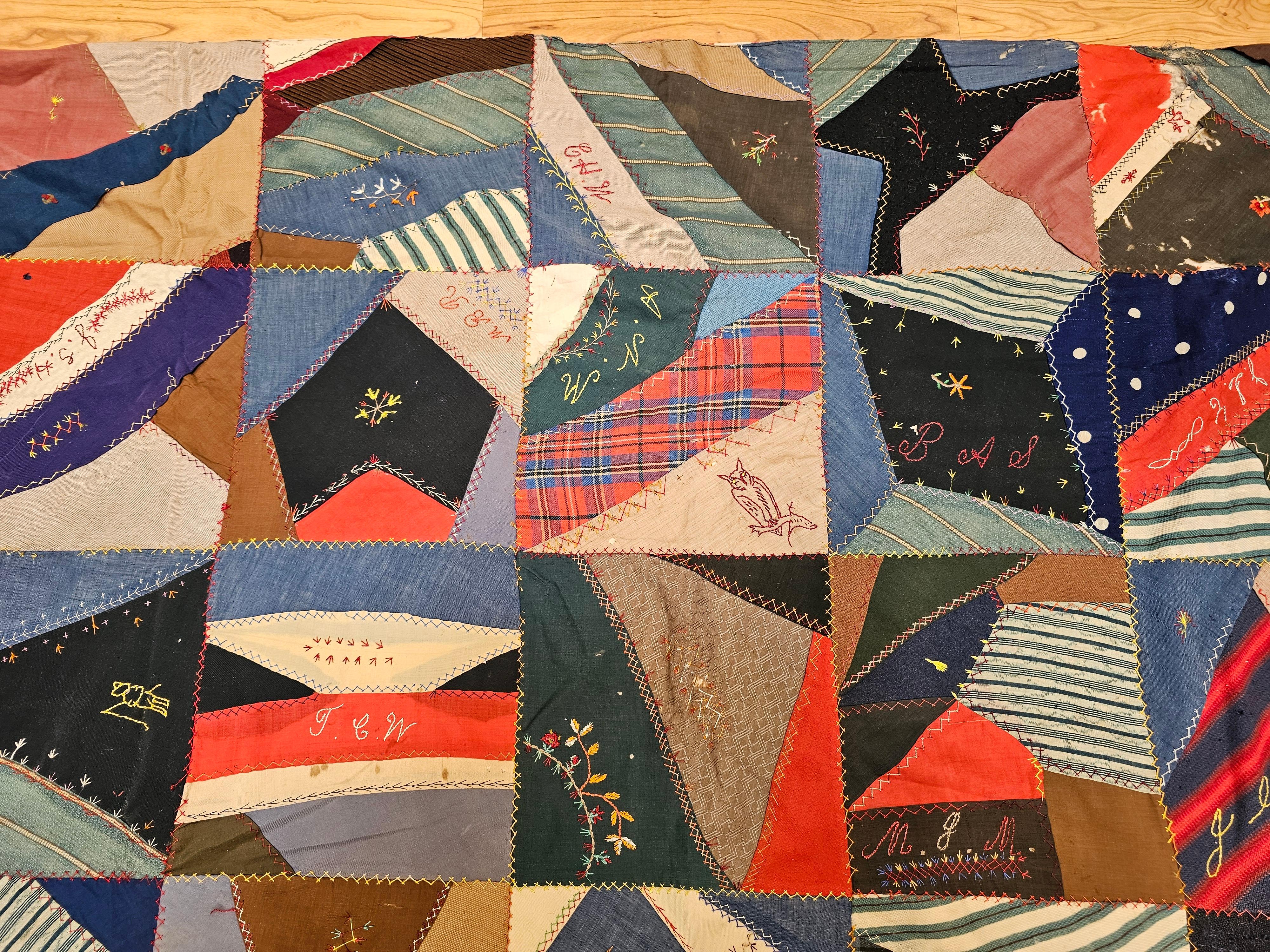 19th Century Society Crazy Quilt in Turquoise, Pink, Yellow, Navy, Green, Red For Sale 5