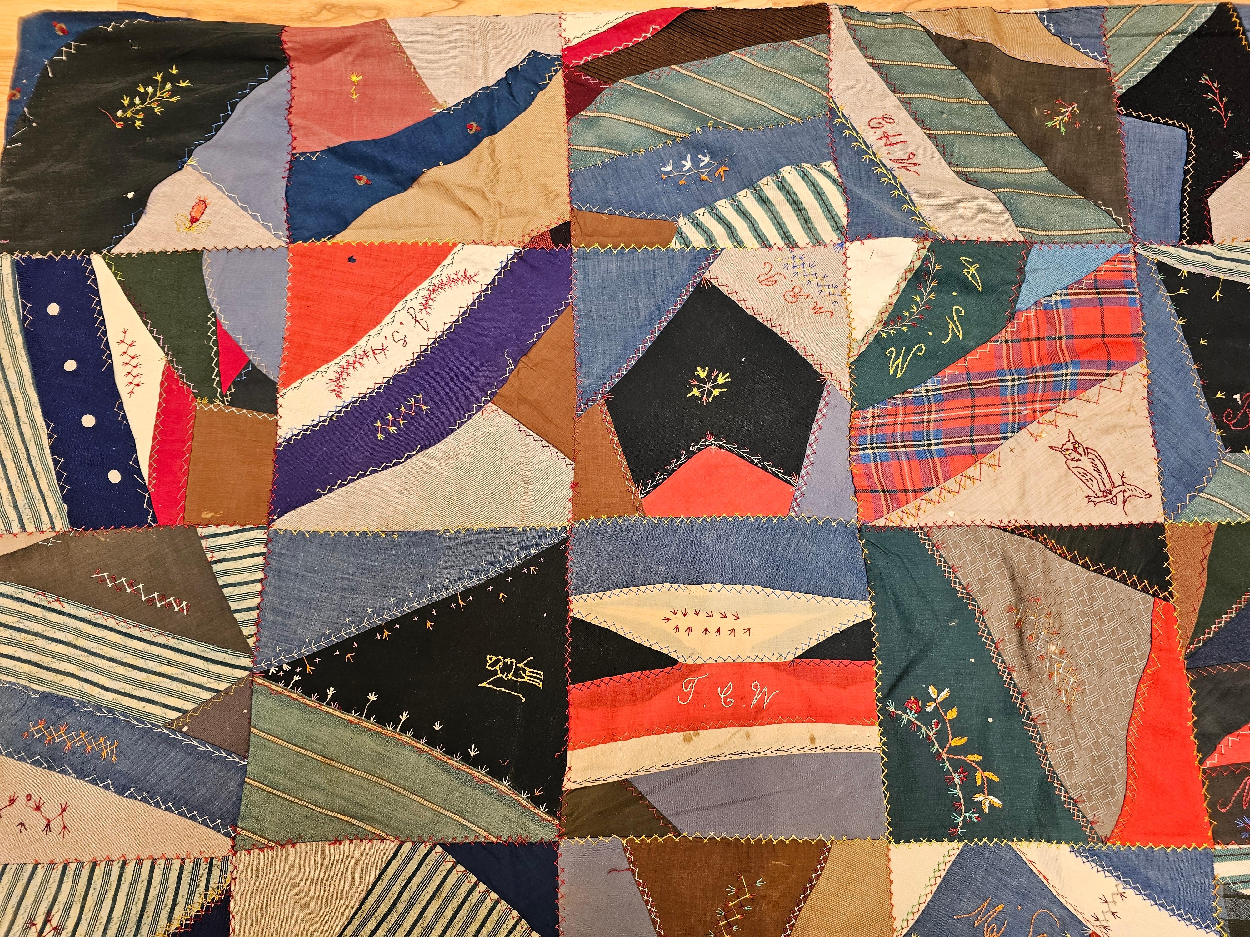 19th Century Society Crazy Quilt in Turquoise, Pink, Yellow, Navy, Green, Red For Sale 6