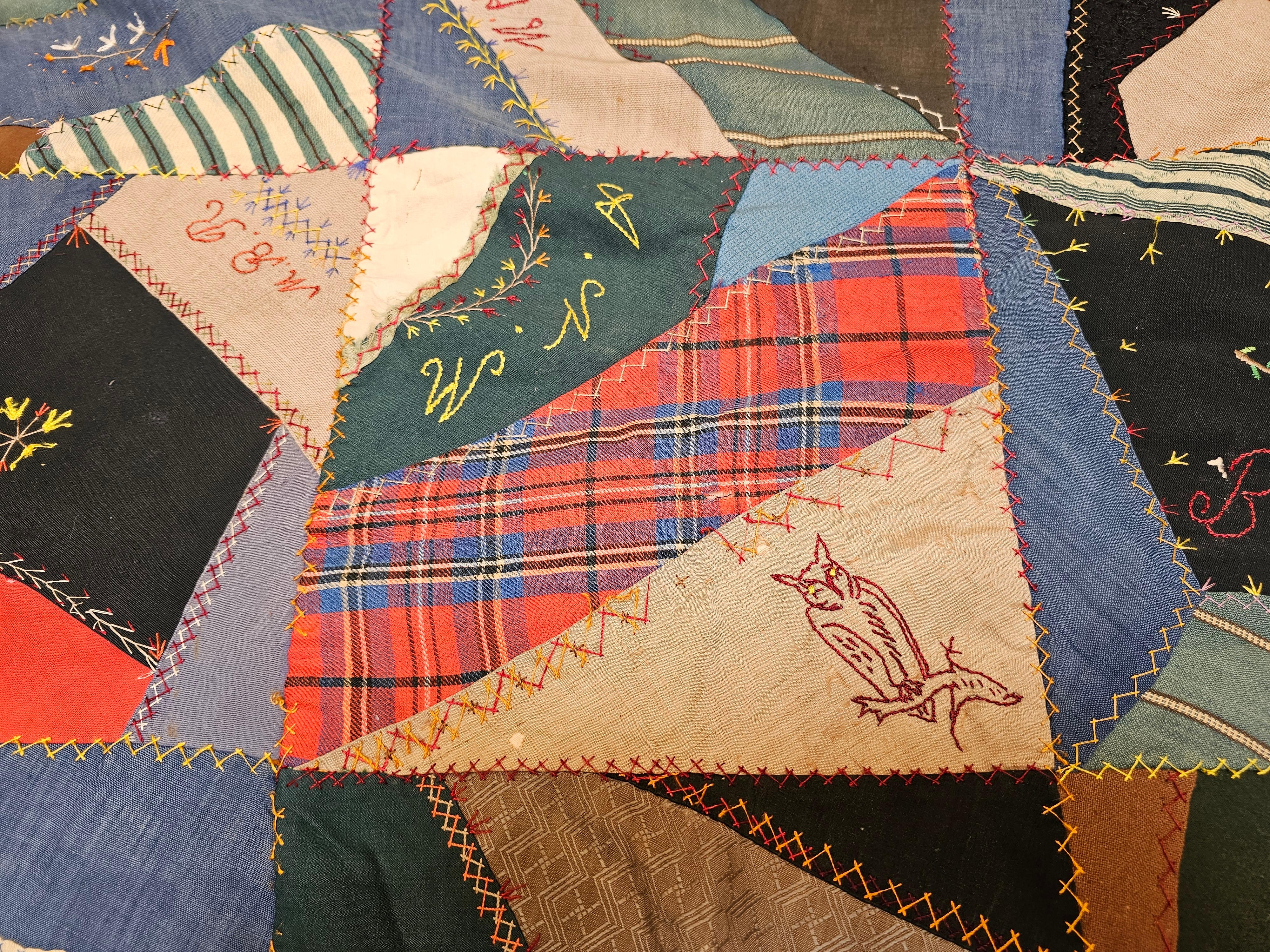 19th Century Society Crazy Quilt in Turquoise, Pink, Yellow, Navy, Green, Red For Sale 8