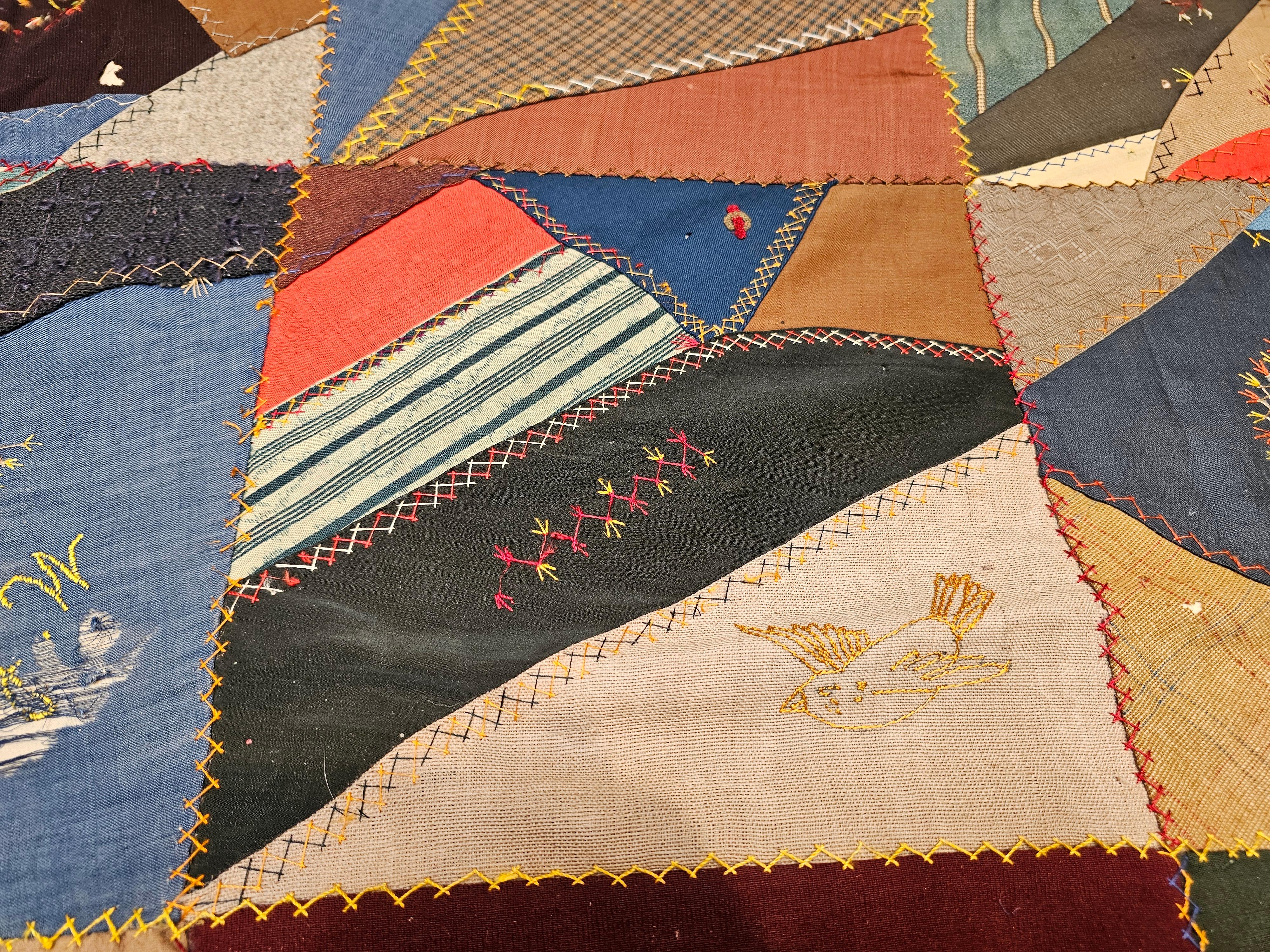 19th Century Society Crazy Quilt in Turquoise, Pink, Yellow, Navy, Green, Red For Sale 10