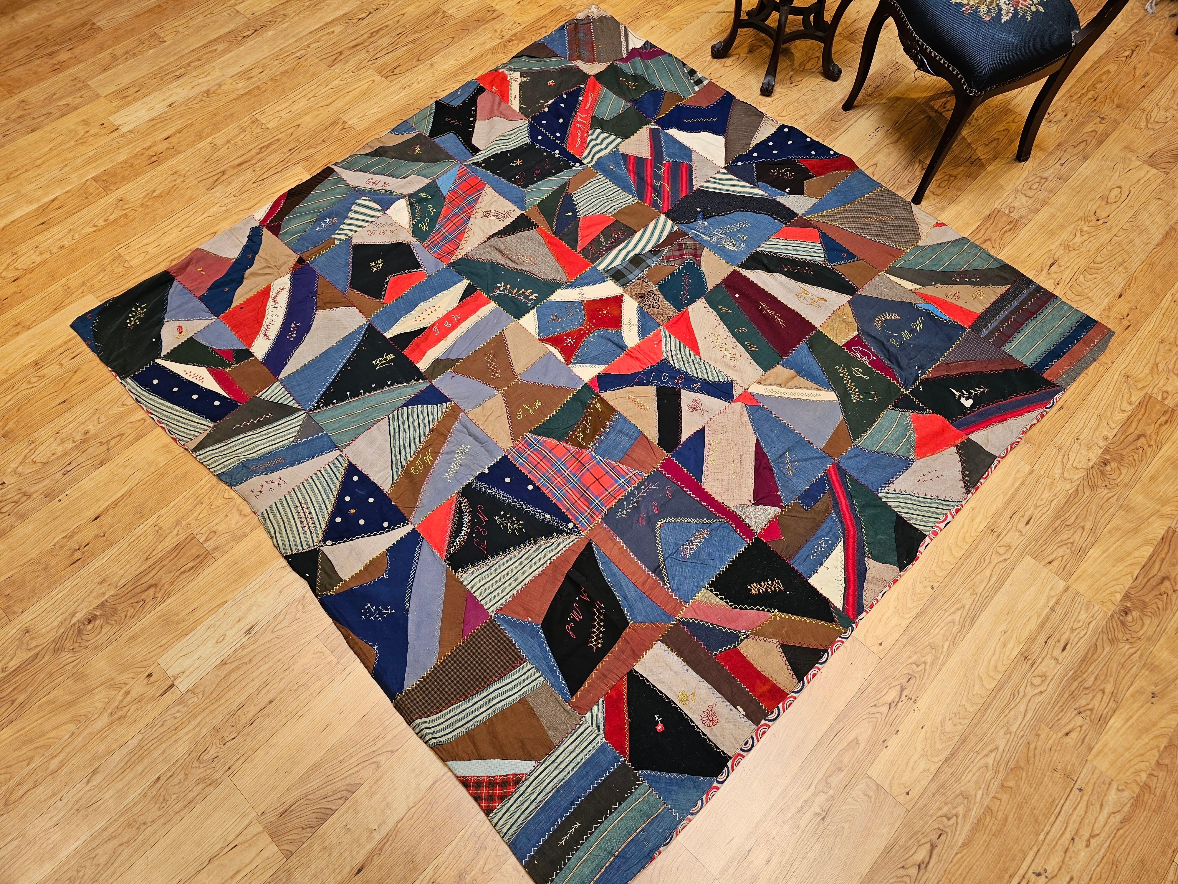 19th Century Society Crazy Quilt in Turquoise, Pink, Yellow, Navy, Green, Red For Sale 11