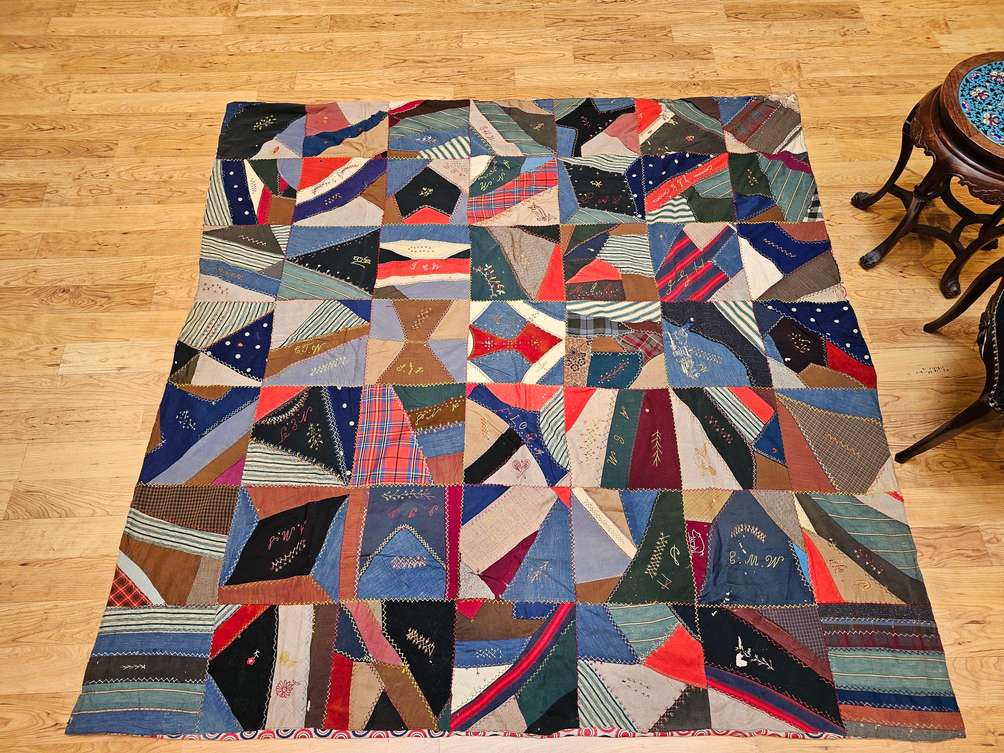 19th Century Society Crazy Quilt in Turquoise, Pink, Yellow, Navy, Green, Red For Sale 12