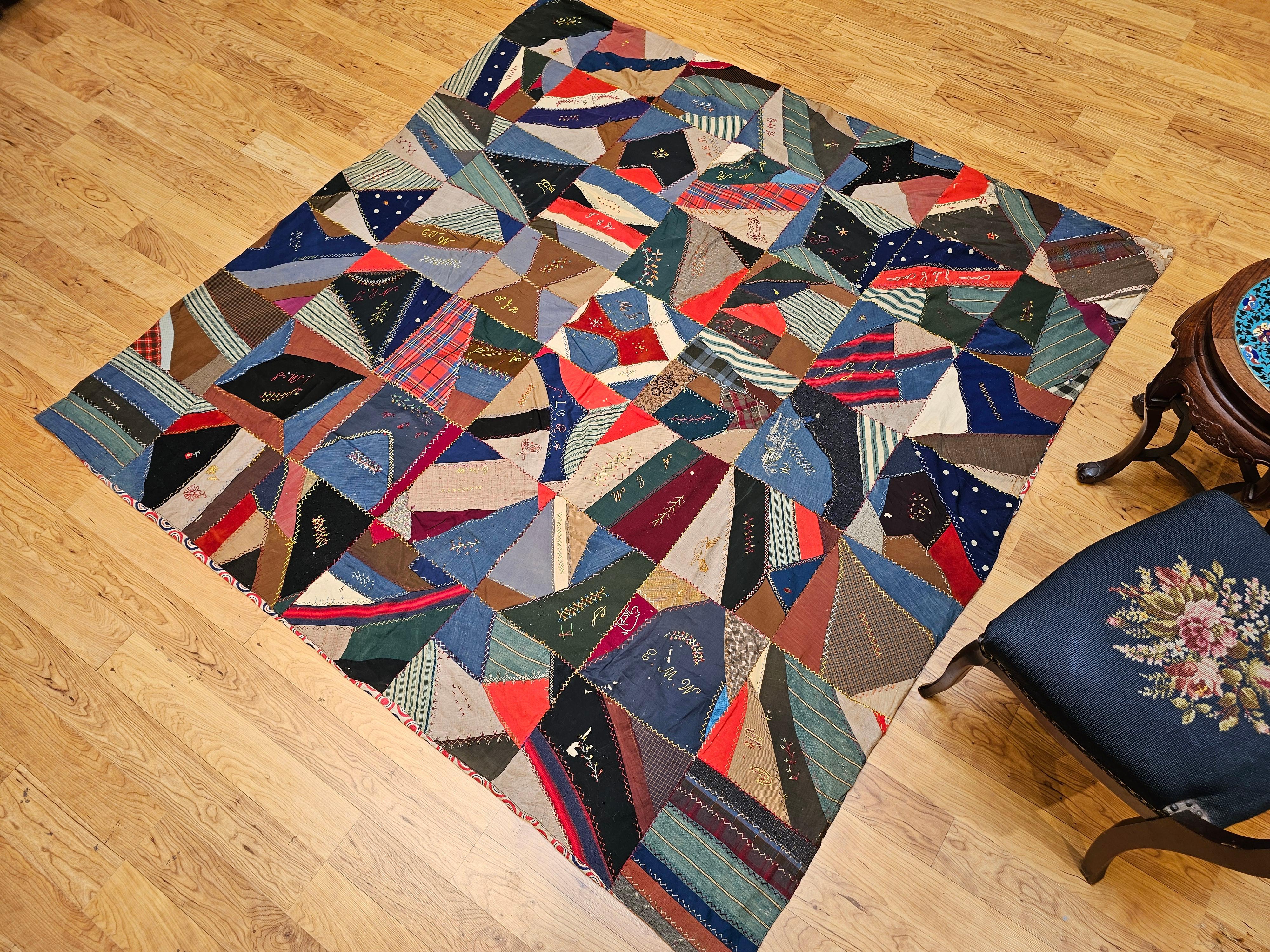 19th Century Society Crazy Quilt in Turquoise, Pink, Yellow, Navy, Green, Red For Sale 13