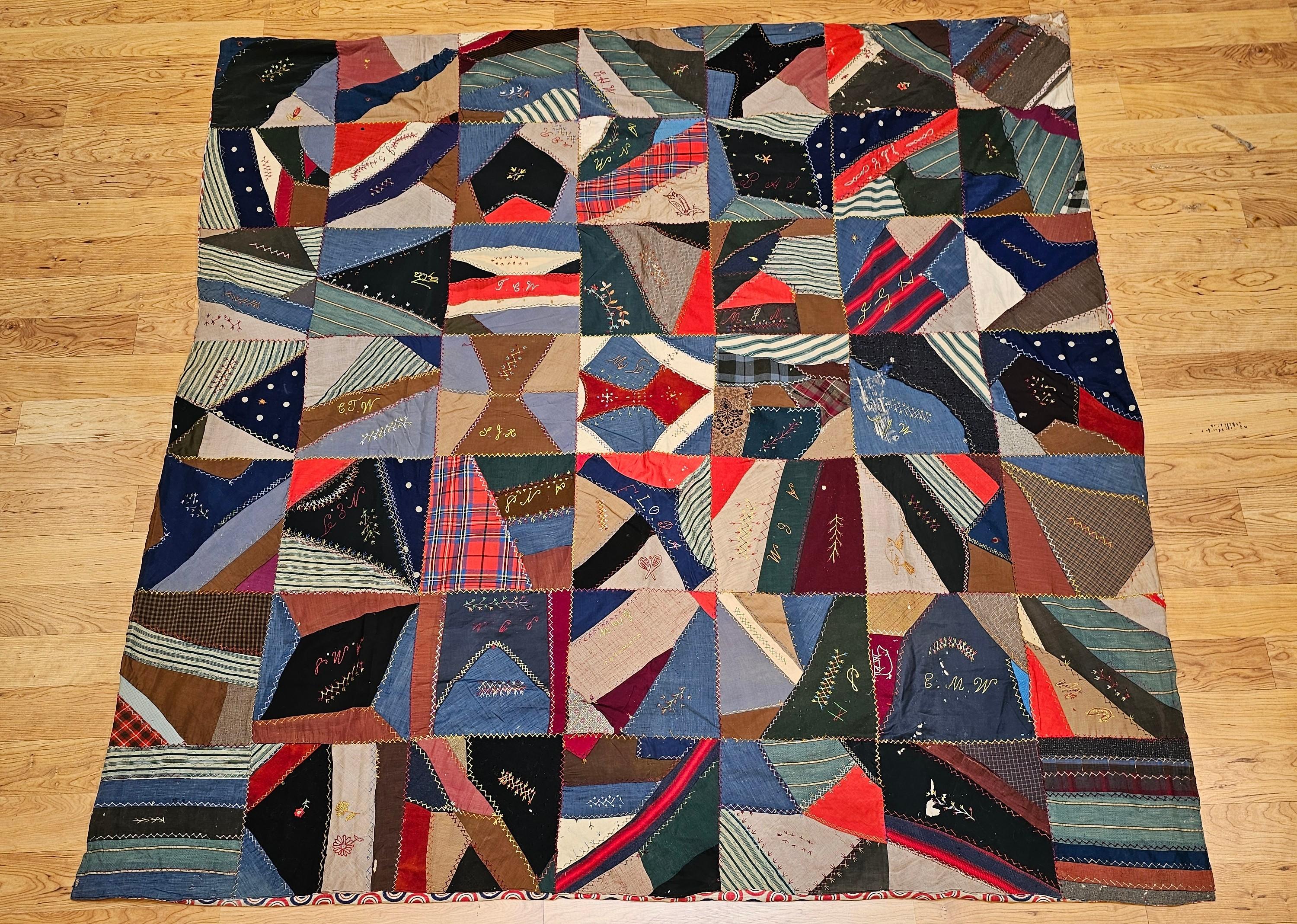 American 19th Century Society Crazy Quilt in Turquoise, Pink, Yellow, Navy, Green, Red For Sale