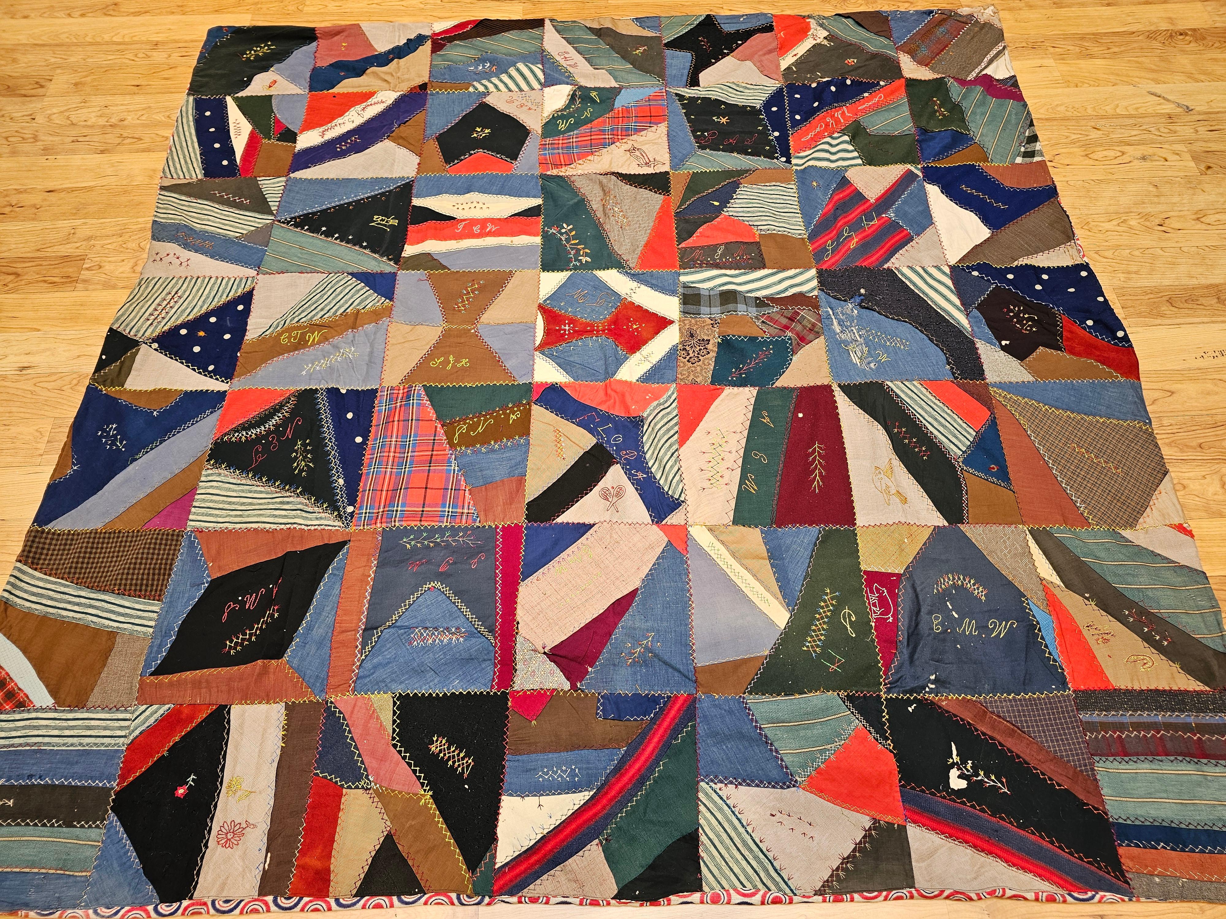 Hand-Crafted 19th Century Society Crazy Quilt in Turquoise, Pink, Yellow, Navy, Green, Red For Sale