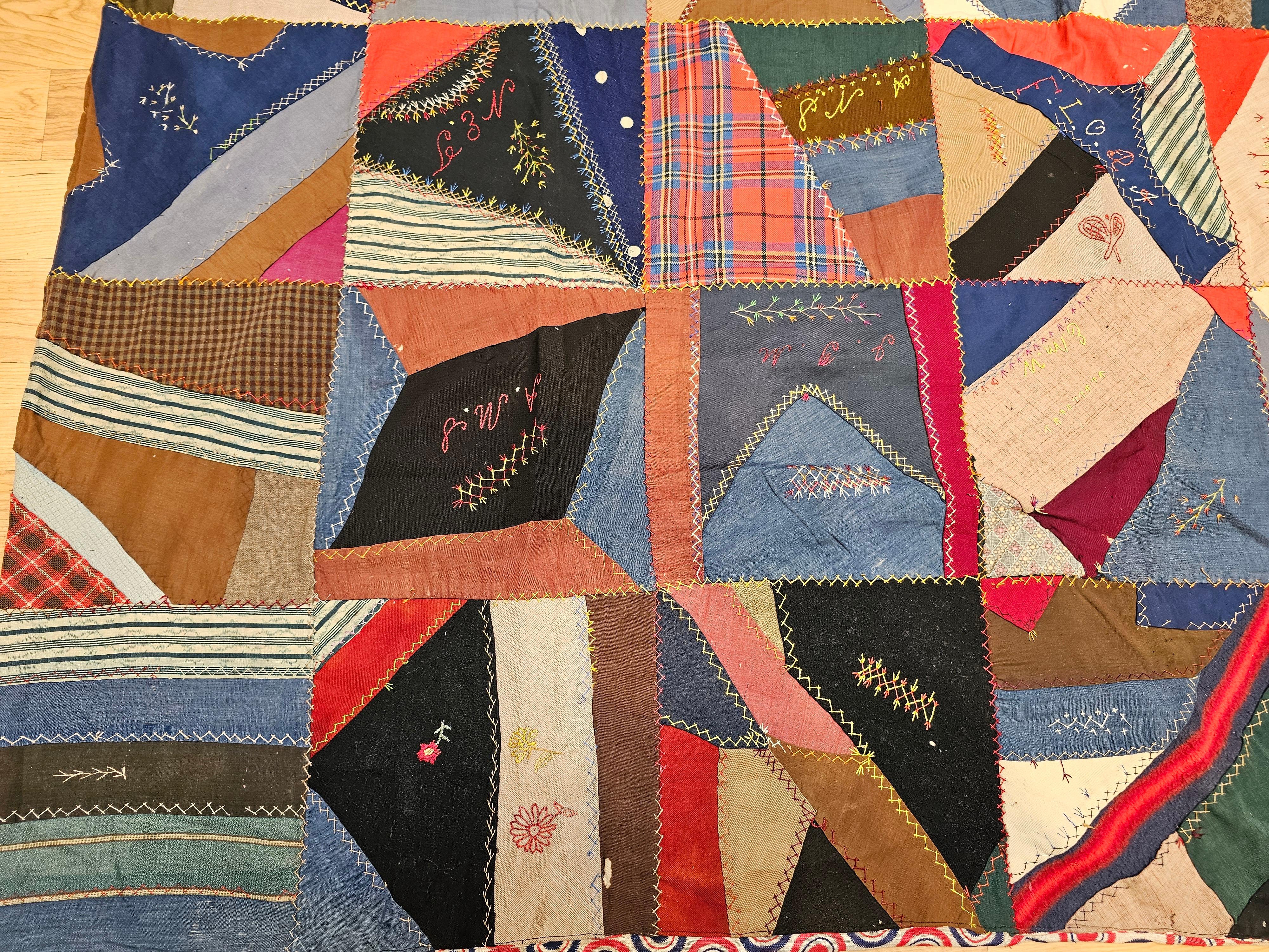 19th Century Society Crazy Quilt in Turquoise, Pink, Yellow, Navy, Green, Red In Good Condition For Sale In Barrington, IL