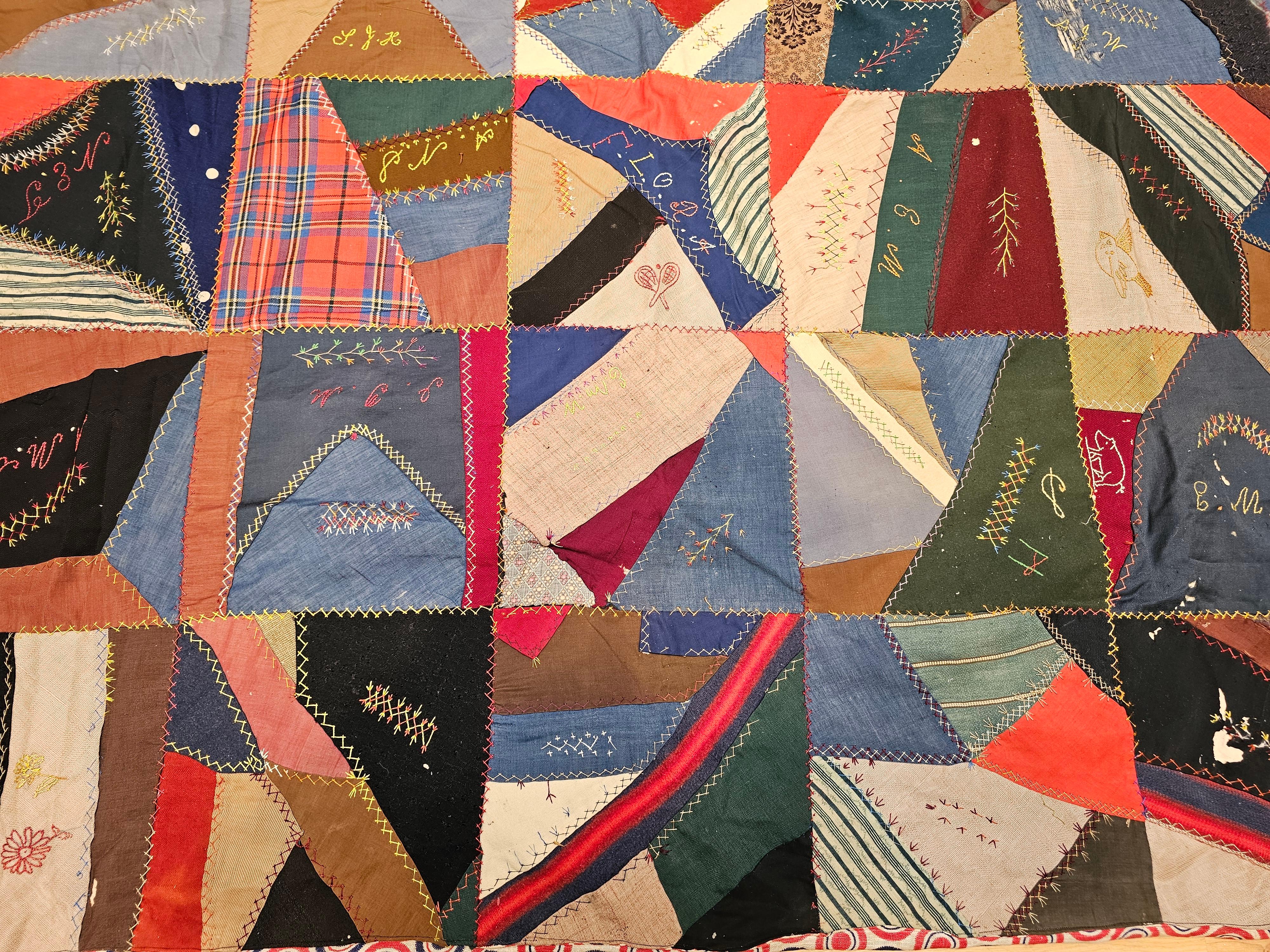 Wool 19th Century Society Crazy Quilt in Turquoise, Pink, Yellow, Navy, Green, Red For Sale
