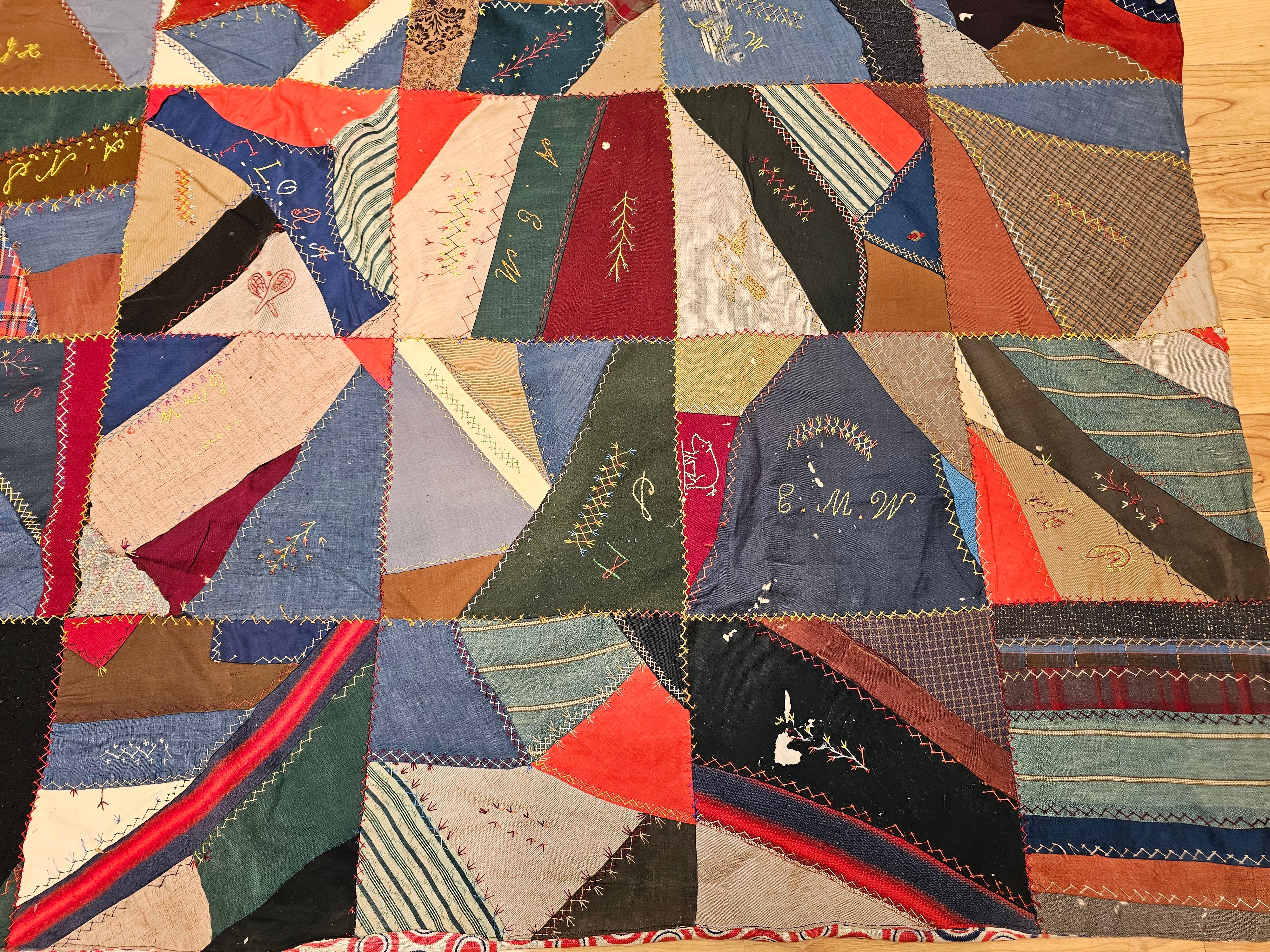19th Century Society Crazy Quilt in Turquoise, Pink, Yellow, Navy, Green, Red For Sale 1